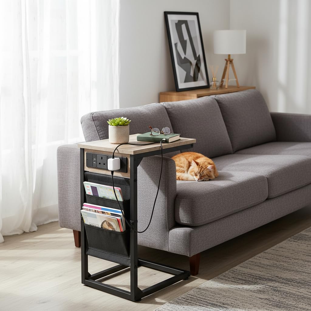 AMHANCIBLE C-Shaped Side Table with Charging Station, Side Table Set of 2