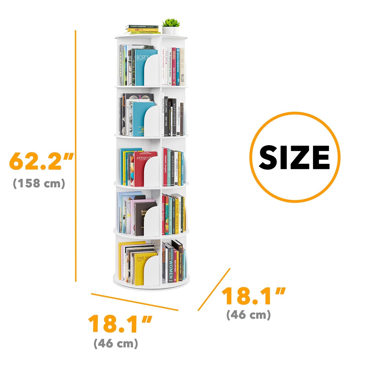 SpaceAid 5-Tier Rotating Shelf Tower, Rotating Lazy Susan Bookcase, 360° Round Storage Rack, Vertical Rotation, Spiral Corner Organizer, White