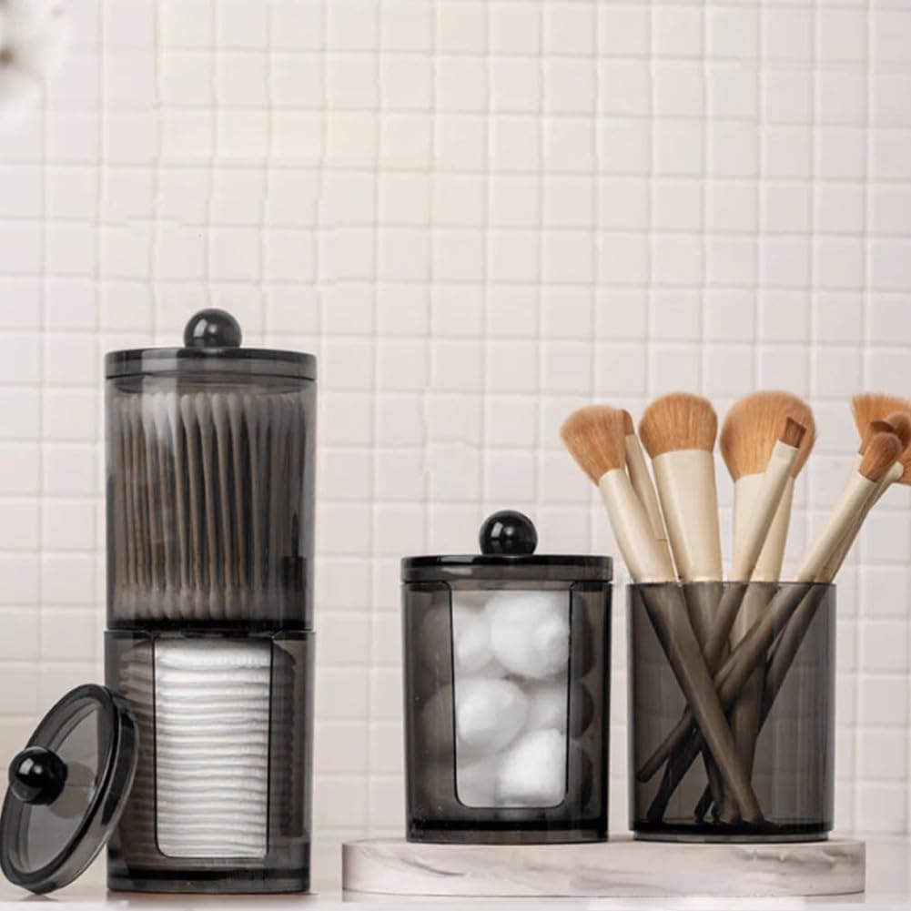 PLUSHCEWT 3 Pack Cotton Buds Dispenser 13 Oz Cotton Swab Dispenser Clear Black Cotton Bud Holder Plastic Cotton Swab Holder Apothecary Jar Set
