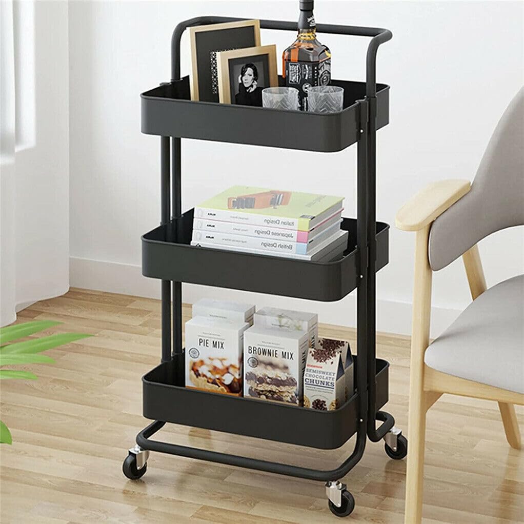 Multibao 3 Tier Storage Trolley on Wheels Cart Kitchen Utility Rolling Rack Tray Shelf for Kitchen Bathroom Laundry and Office (Black)