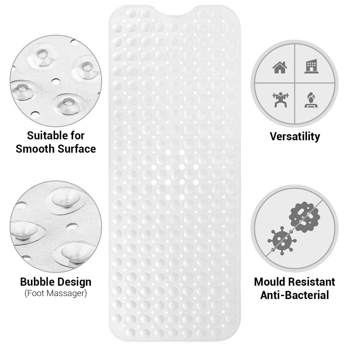 ADOV Bath Mat Non Slip, 70x38 cm Extra Long Shower Mat Anti Mould, Bathroom Bathtub Mats for Tub, Strong Suction Cups and Drain Holes
