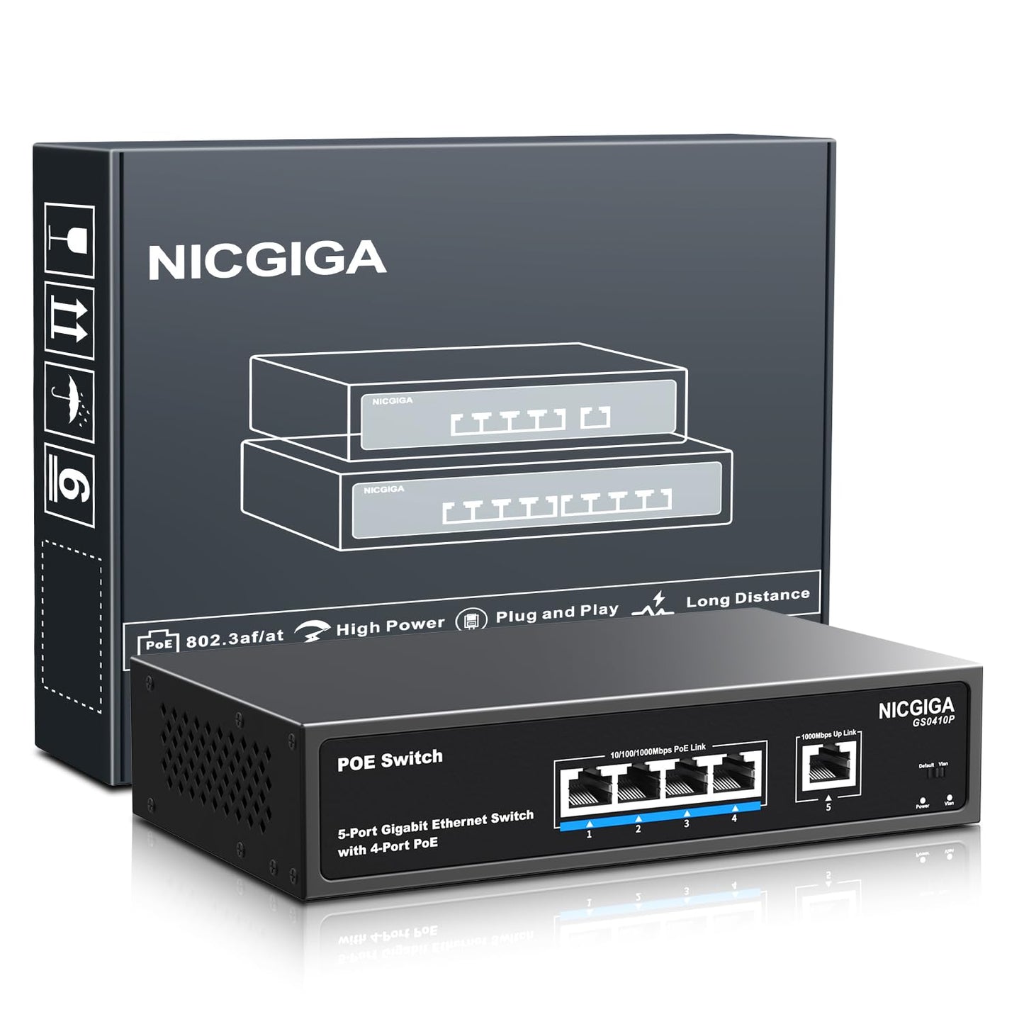 NICGIGA 4 Port Gigabit PoE Switch Unmanaged, 4x IEEE802.3af/at PoE @78W, 1x 1000Mbps Uplink, VLAN Mode, Desktop/Wall-Mount, Black Metal Case