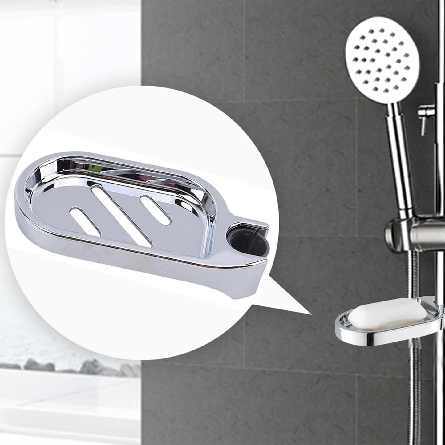 360° Swivel Clip-On Soap Dish, Non-Slip Tray for 24mm Shower Poles, Silver