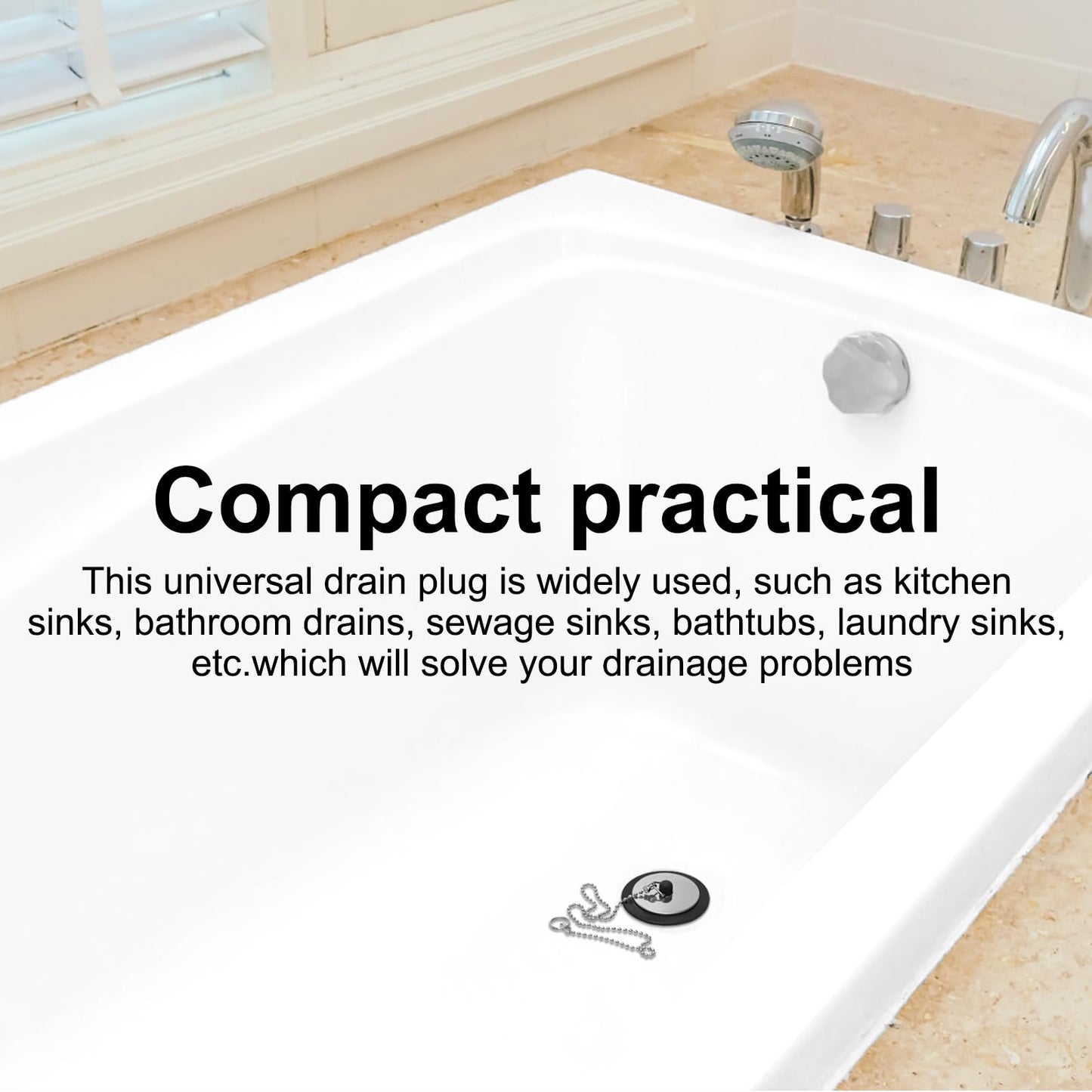 2 Pcs Universal Bath Plug with Stainless Steel Chain, Bath Plug Replacement, Bathroom Sink Plug Replacement, Drain Stopper for Bathroom and Kitchen