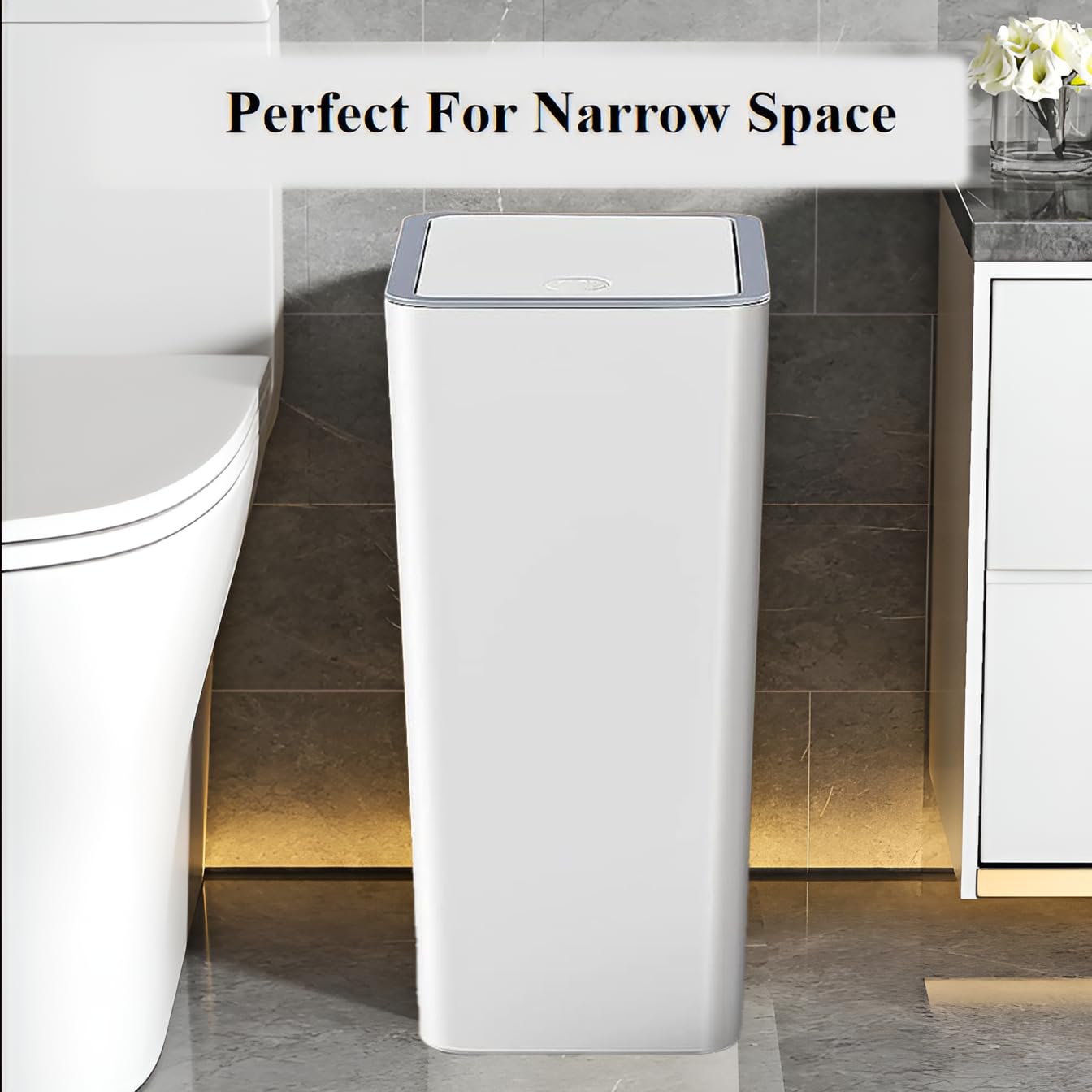 Bedroom Bin,Push Button Plastic Bin for Bedroom,10L Slim Bathroom Bin with Lid,Narrow Waste Bin for Bathroom Anti-Odour,Plastic Thin Trash Can for