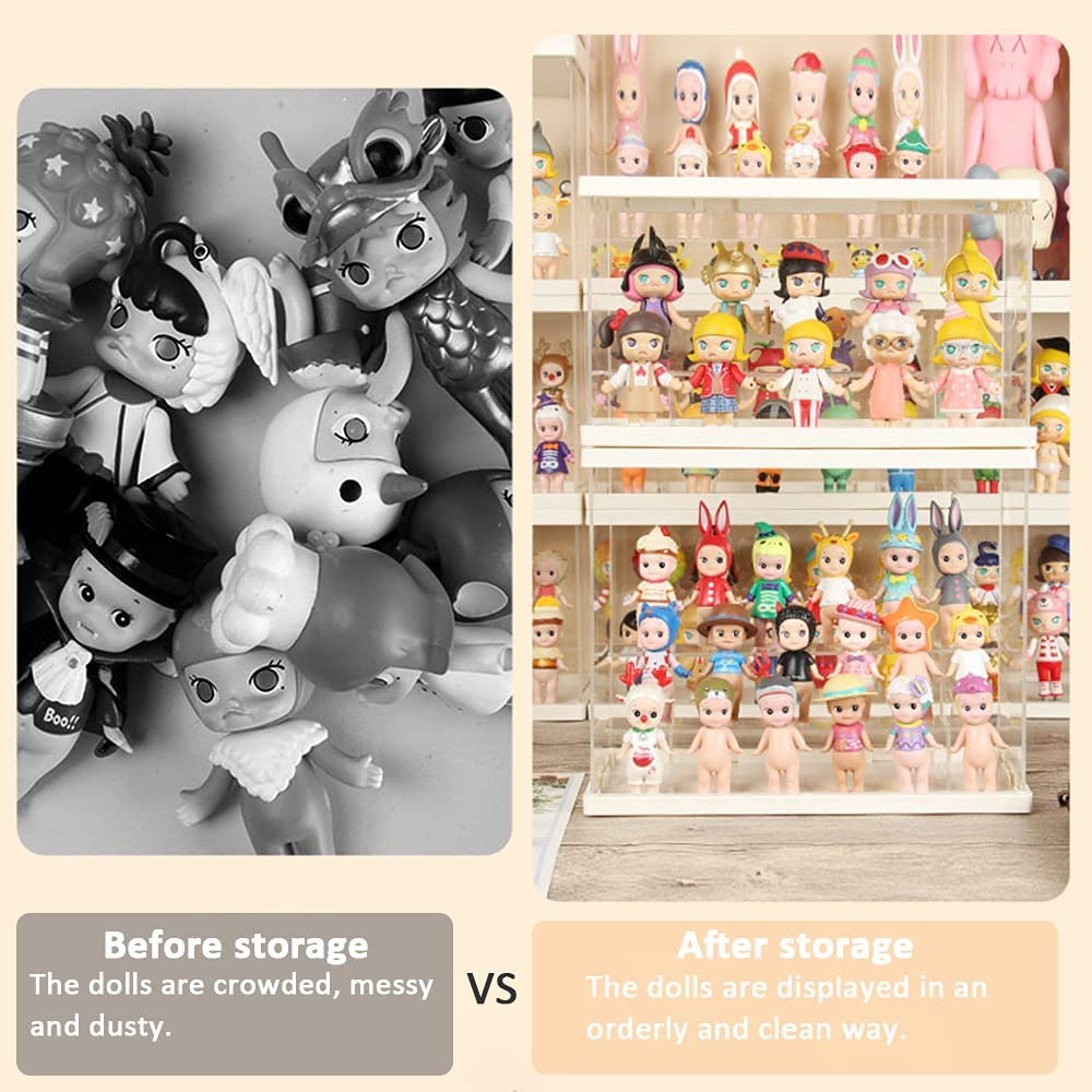 Nynelly 3 Tier Clear Acrylic Display Case for Models, Mini Figures, Pop Mart, Labubu, Sonny Angel, Smiski - Assemble Dustproof Display Box with Door