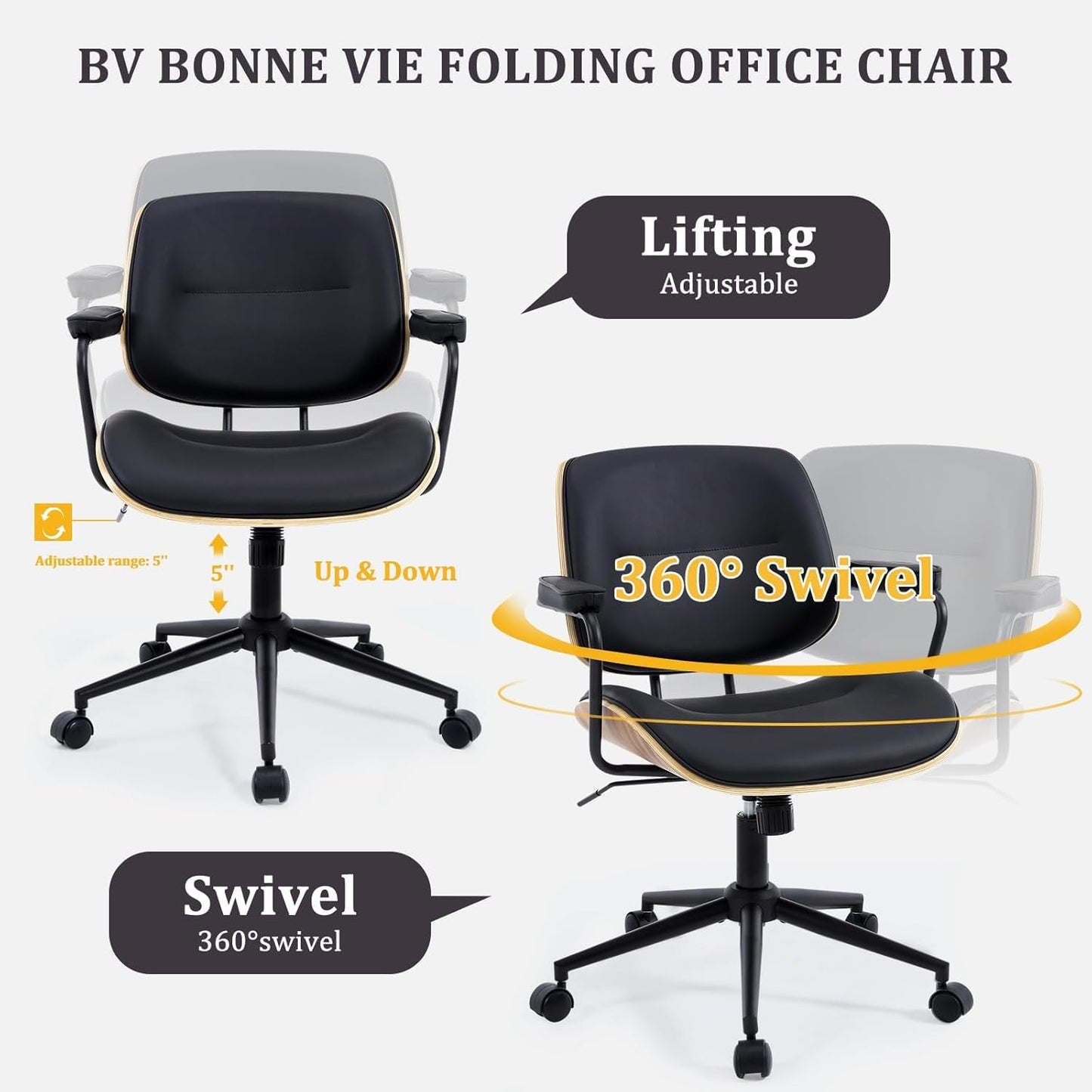 BERYTH Office Computer Desk Chair Mid Century Modern Office Chair Swivel Rolling Task Chair with Armrests and Walnut Back, Adjustable