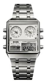 S135 Mens Chronograph Fashion Ana Digital Square Big Dated White Dial Silver Plated Bracelet Watch NY London