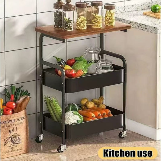 3 Tier Rolling Cart with Wooden Tabletop, 30in Lightweight Utility Cart with Lockable Wheels, Rolling Storage Organizer Cart for Kitchen, Office, Bedroom