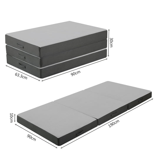 MeMoreCool Tri Fold Mattress 190x90cm, Single, 10cm Thick Foam Foldable Futon Mattress with Washable Cover, Portable Floor Guest Sleeping Mat for