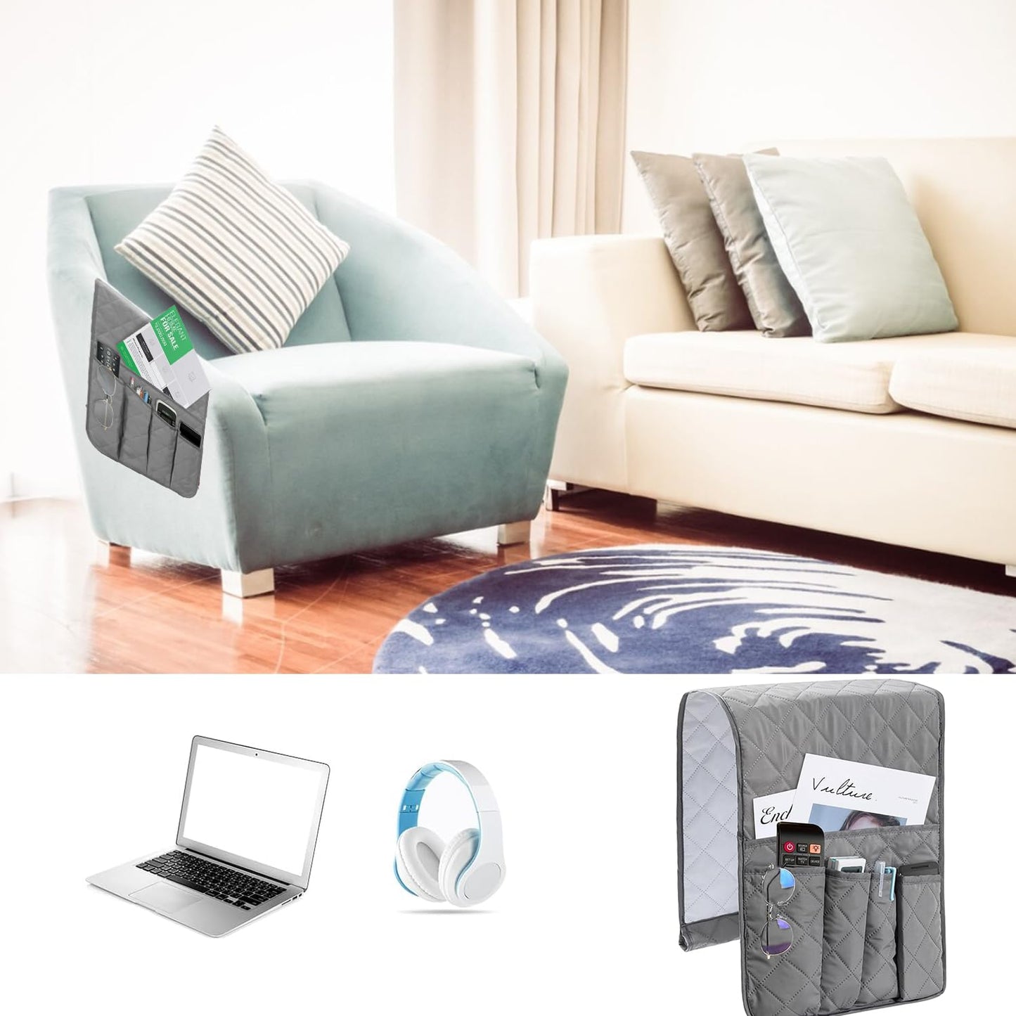 Sofa Remote Control Holder Armchair Caddy, Multifunctional Couch Organizer for TV Remotes, Phones, Magazines
