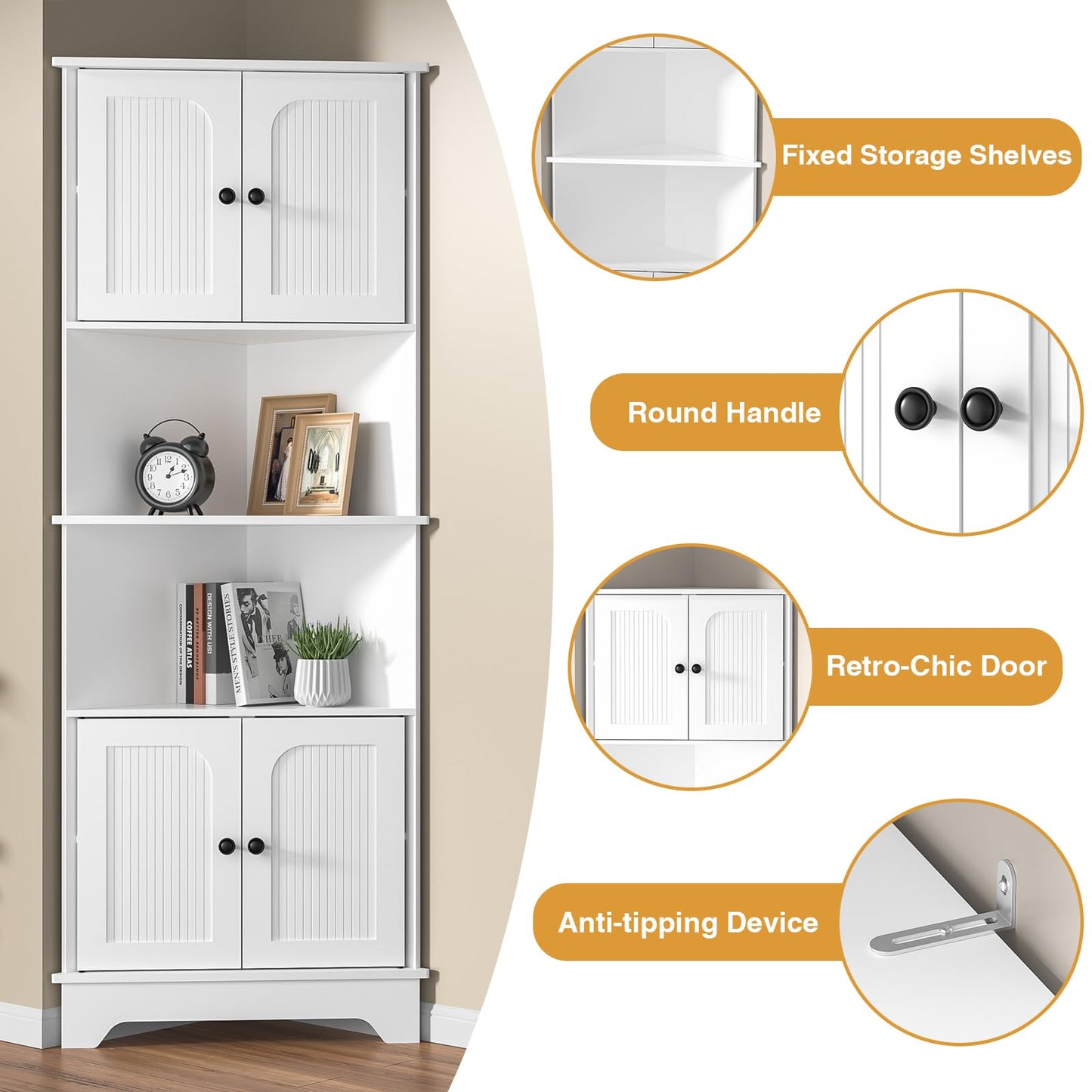 Yvsevnr 173cm Tall Corner Storage Cabinet Wooden 6-Tier Corner Shelf Unit 4 Wooden Doors and 6 Shelves Space Saving Freestanding Sideboard Corner