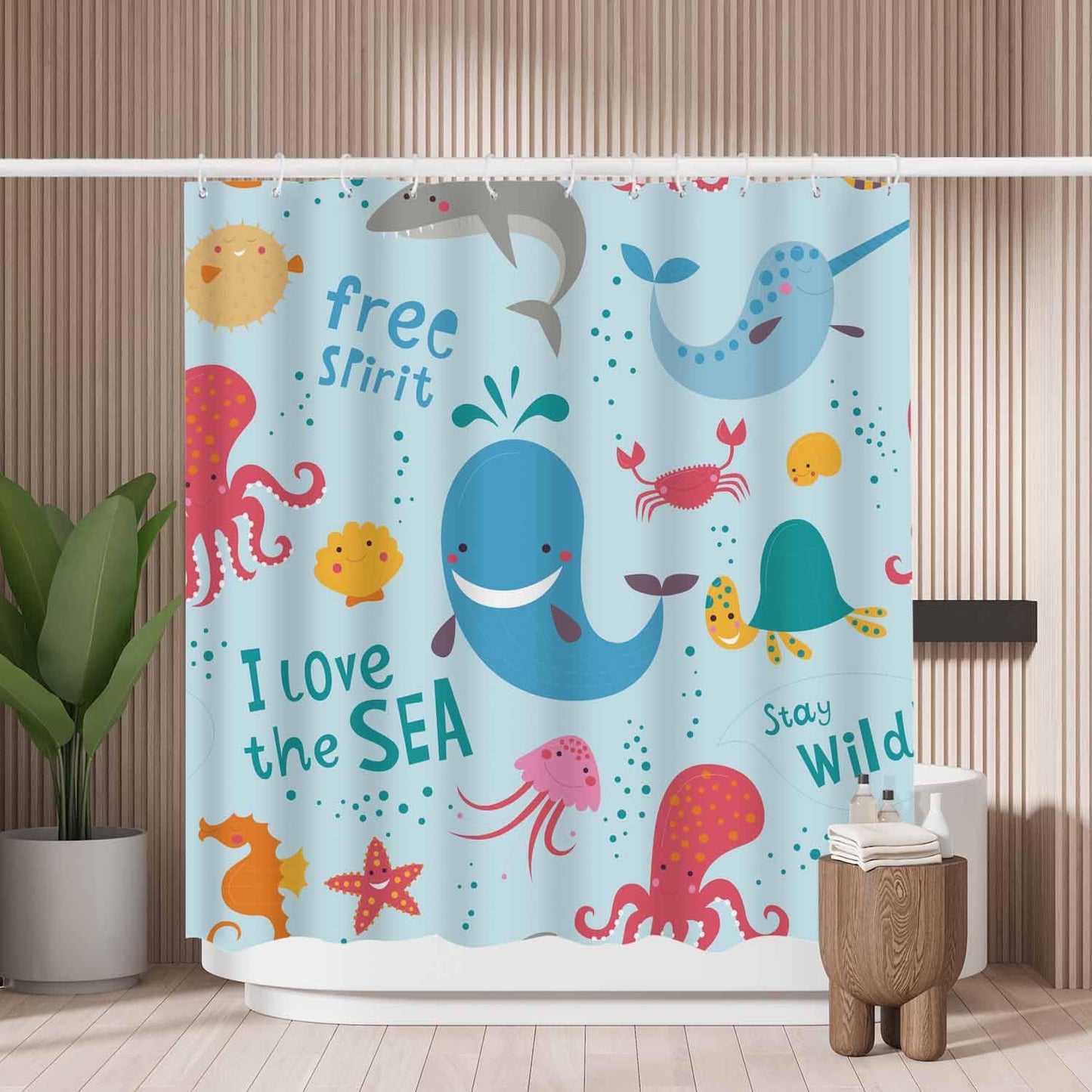 Woutay Shower Curtain Mould Proof Resistant Cute Monsters of The Deep,Water Repellant Fabric,Polyester,Size 180x180CM