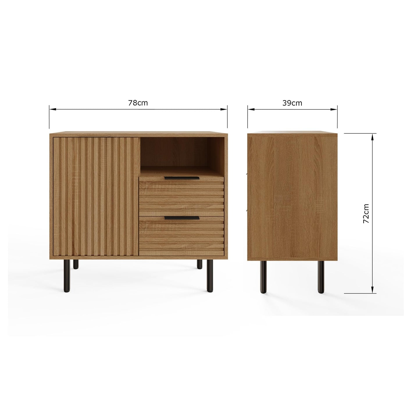 GFW Nervata Compact Sideboard with Drawers & Open Shelving, Modern Ribbed Storage Cabinet for Living Room or Hallway