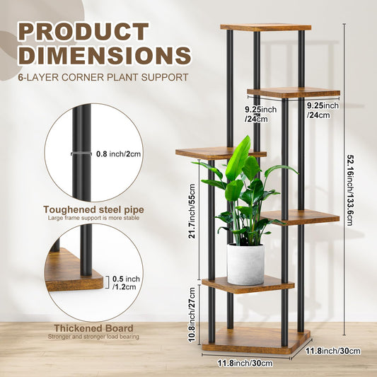 YOCOMEY 6 Tier Wood Tall Plant Stand Metal Rack Indoor, Multiple Flower Pot Holder Shelves Corner Rack, Planter Shelf Display Rack Storage Organizer