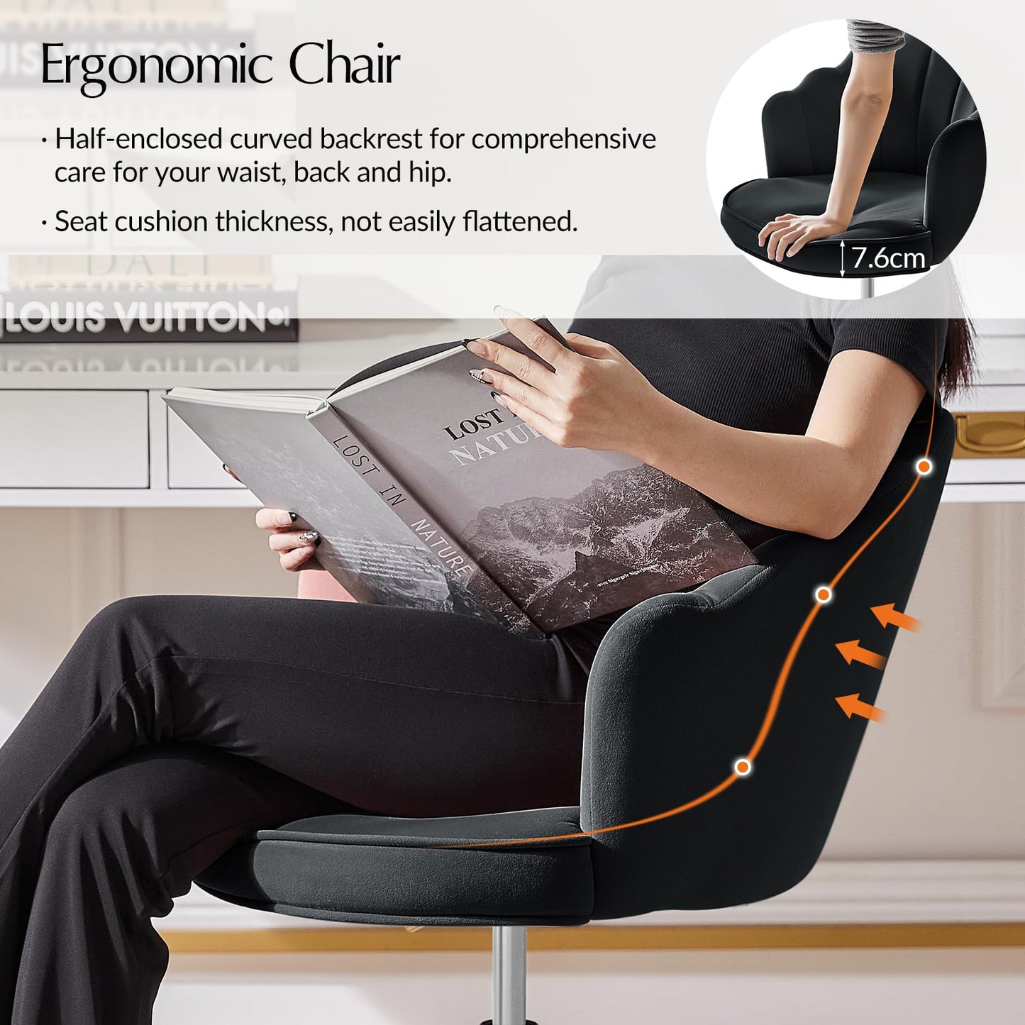 HULALA HOME Swivel Desk Chair with Gold Base and Scalloped Backrest, Black
