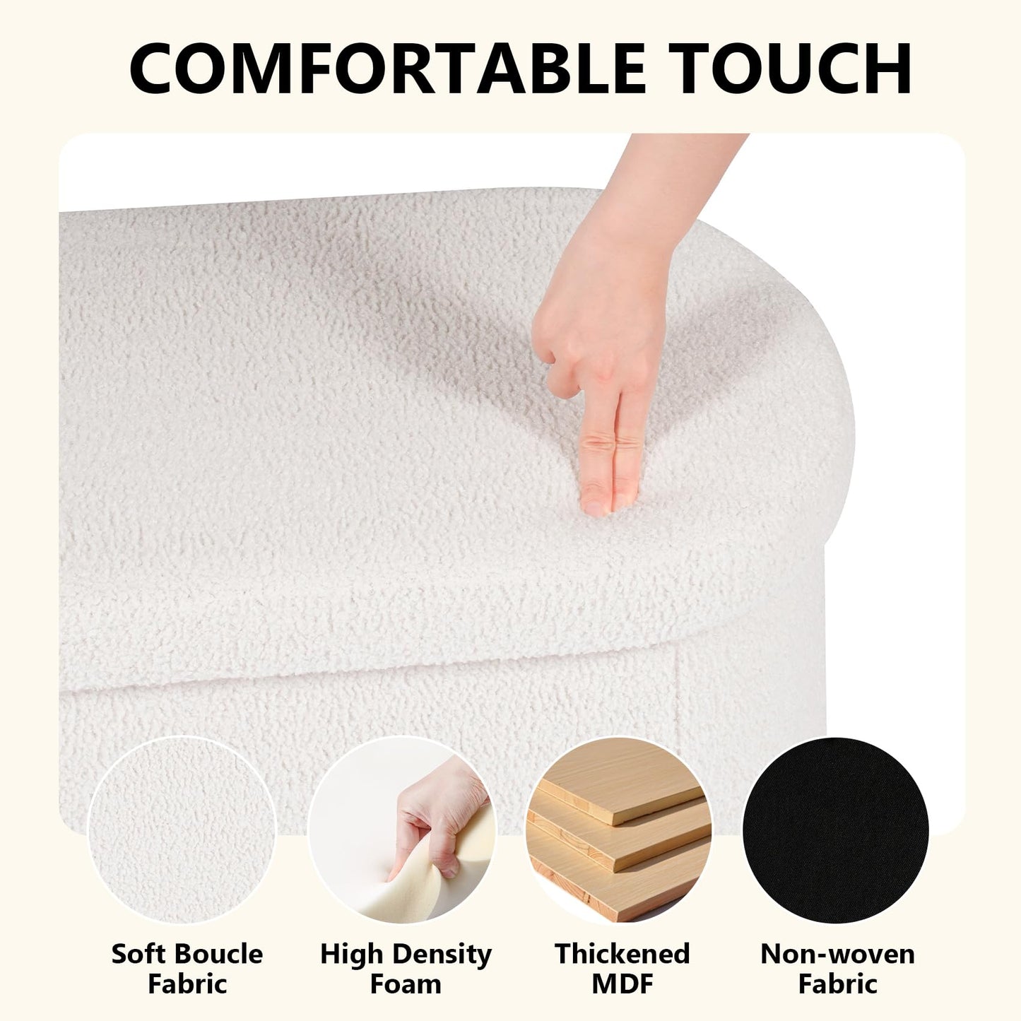 PINPLUS Oval Storage Bench Folding Ottoman Boucle Cream White, 76x38x38 cm