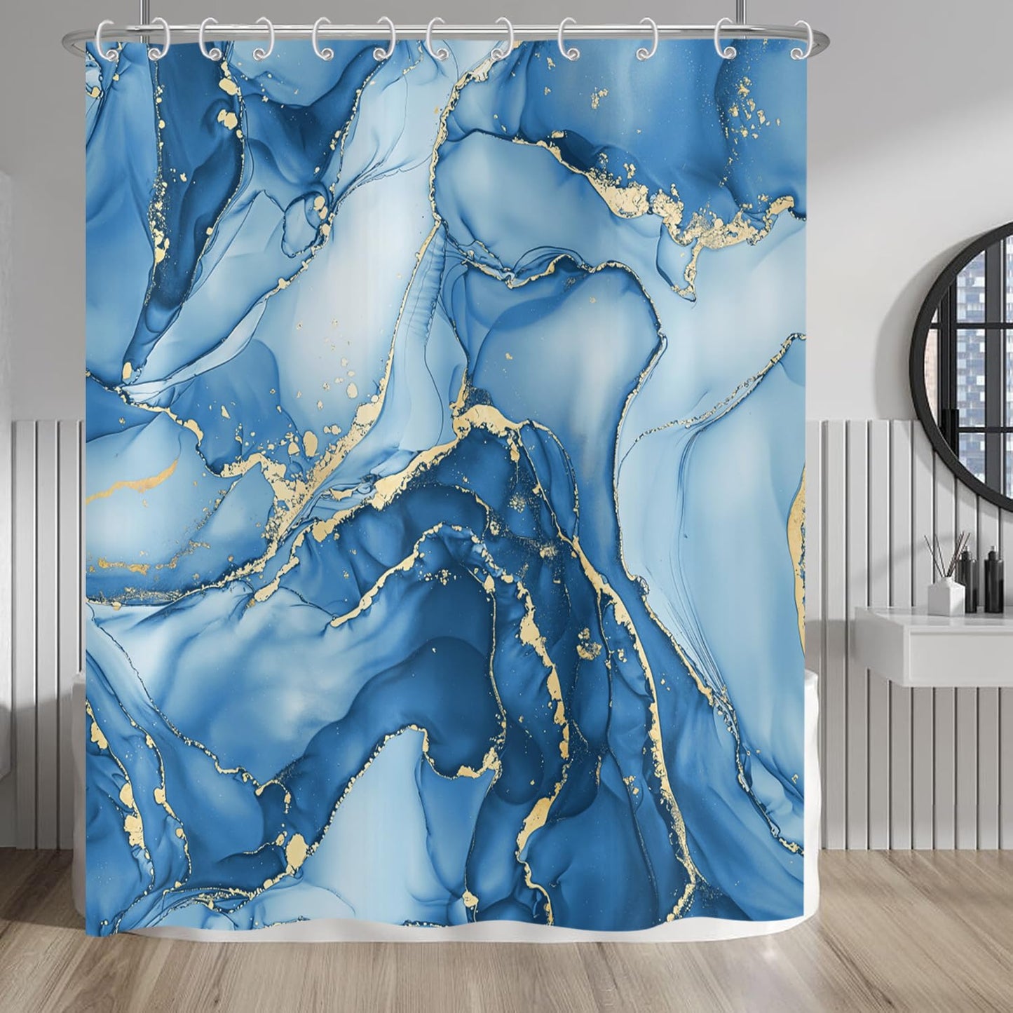 Hnmdmyi Marble Shower Curtain 180x200, Blue Gold Abstract Marble Bathroom Curtains Luxury Modern Aesthetic Art Ink Texture Waterproof Polyester Fabric