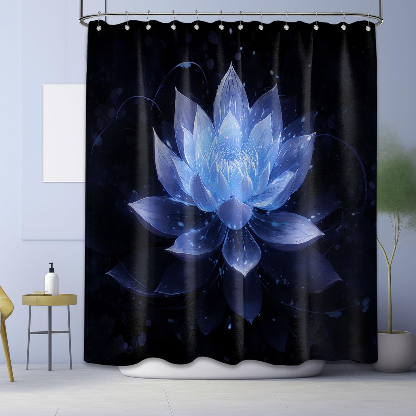 LanZanthic Lotus Shower Curtains for Bathroom Black and Blue Floral Spa Zen Wet Room Shower Curtain, Washable, Waterproof, Cloth Fabric, 180 x 180 cm