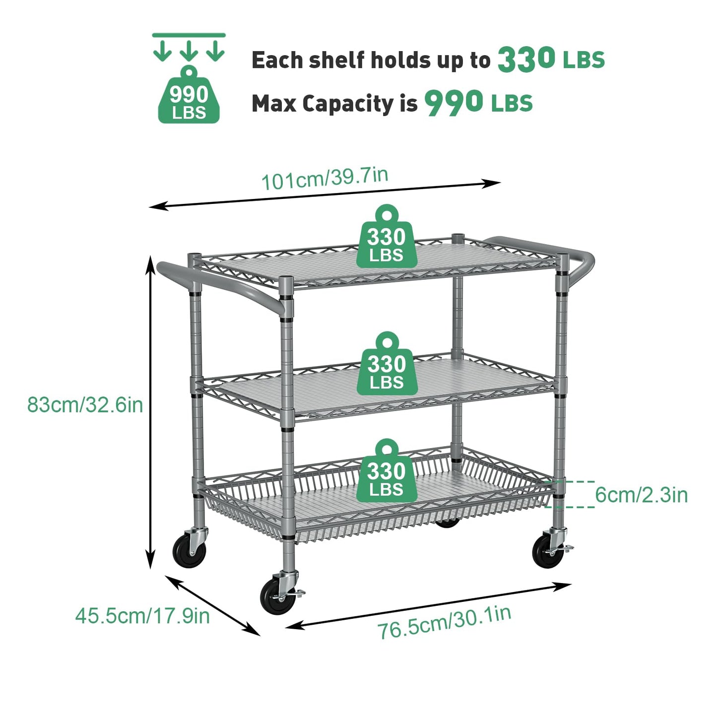 Forthcan 3-Tier Heavy Duty Shelving Unit, Storage Trolley on wheels, Silver