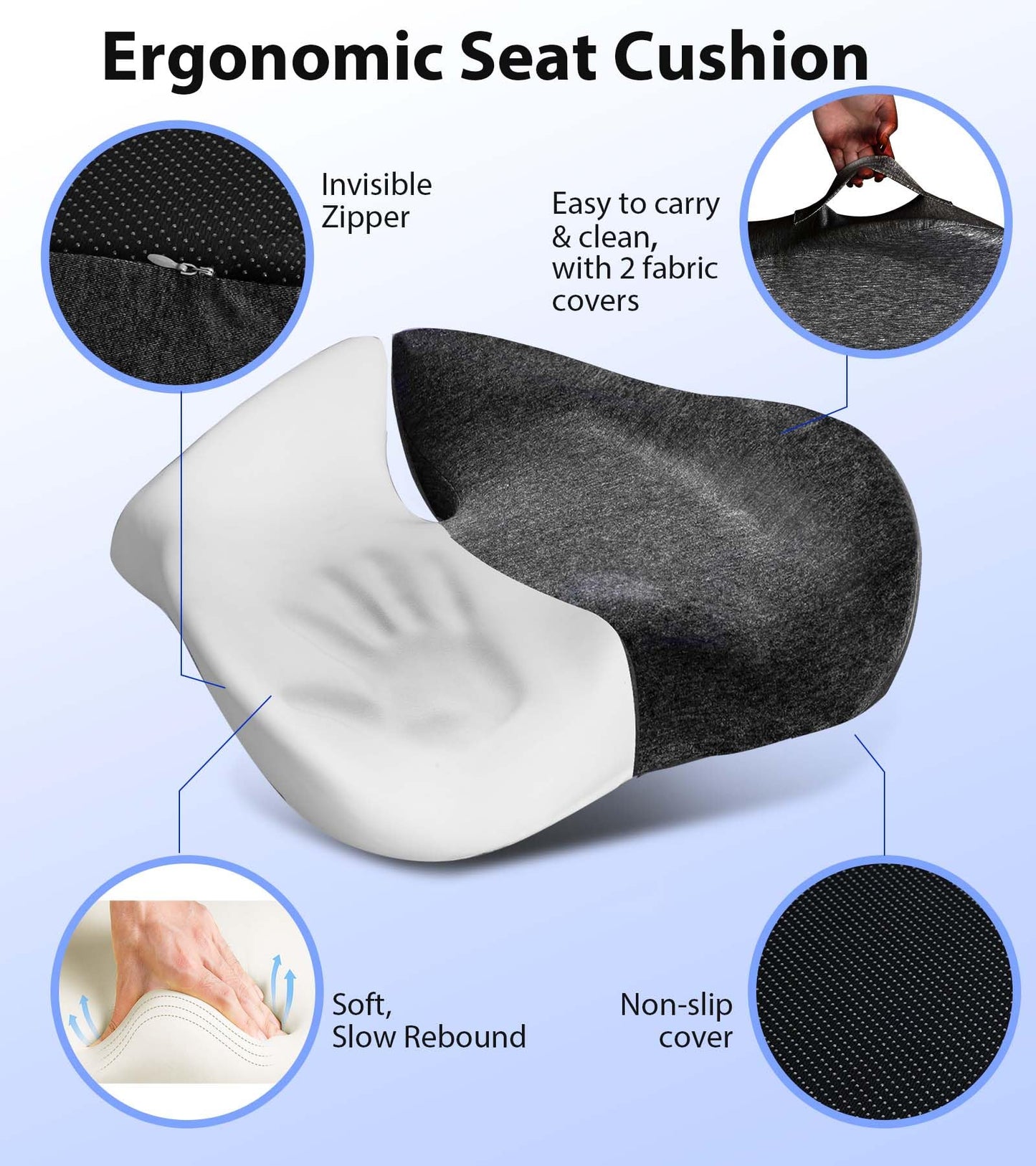 Airllantry Seat Cushion, Memory Foam Pressure Relief Coccyx Cushion for Tailbone Pain, Extra-Large Butt Pad for Office Chair, Car Seat