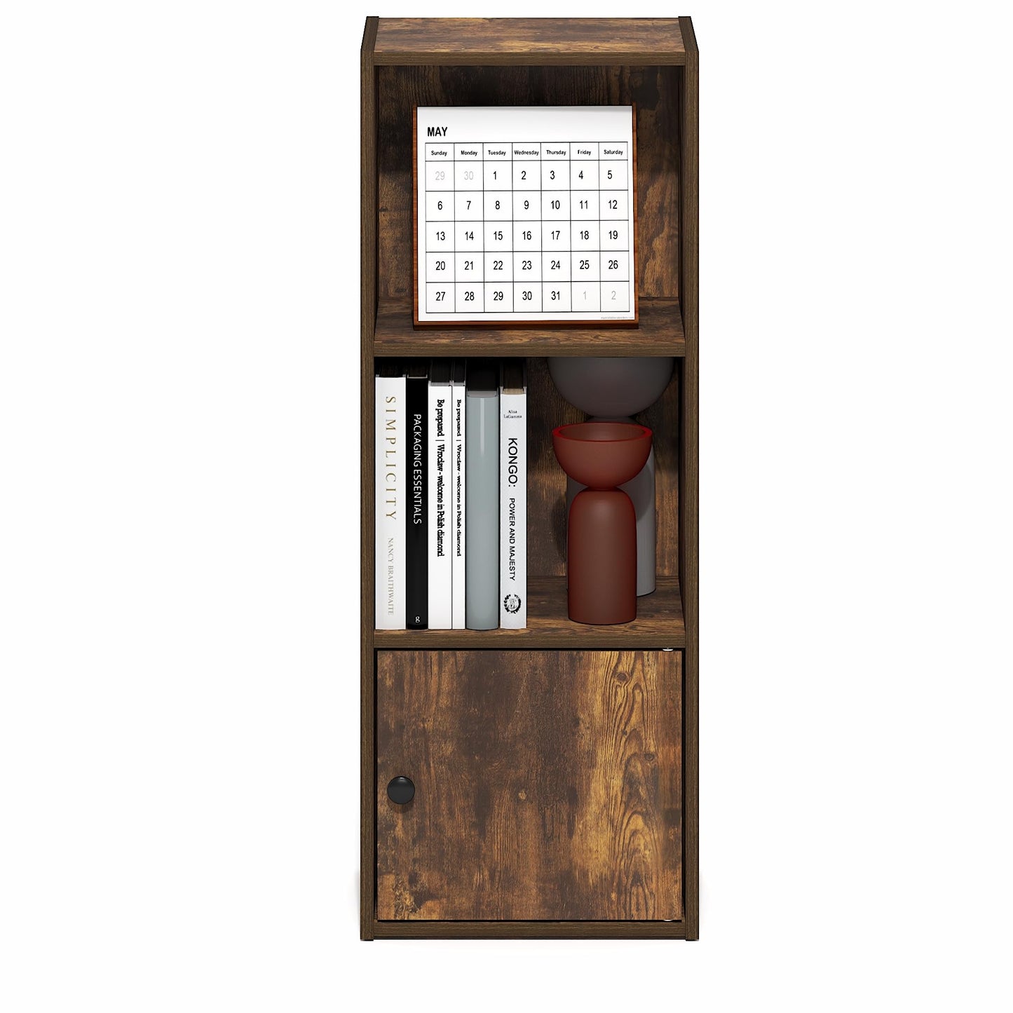 Furinno LUDER 3-Tier Bookshelf with Open Shelf, Standing Bookcase with 1 Door Cabinet, 23.6 x 30.5 x 80.0 cm, for Organization and Storage