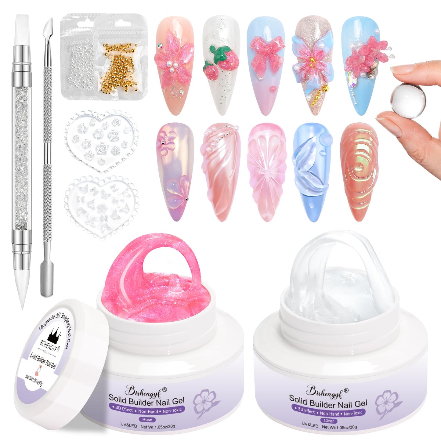 BISHENGYF Solid Builder Gel for Nails,Large Capacity Clear 3d Nail Gel,2pcs 30g Non-Sticky 3d Sculpting Ge l,Rose Pink Mermaid Pearl 3d for Nai l