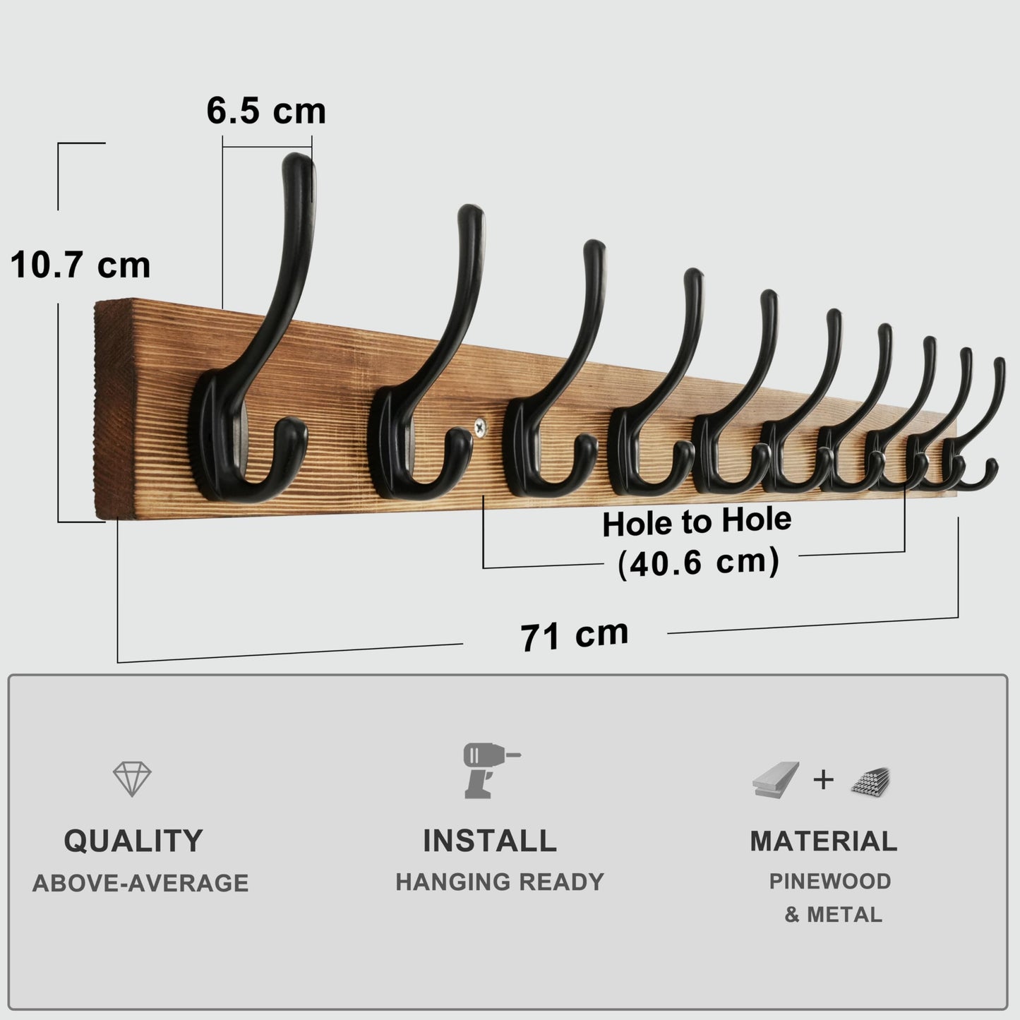HONSKY Wall Coat Rack with 10 Double Hooks,71.5cm Wooden Coat and Towel Hanger Storage for Entryway, Bathroom, Bedroom