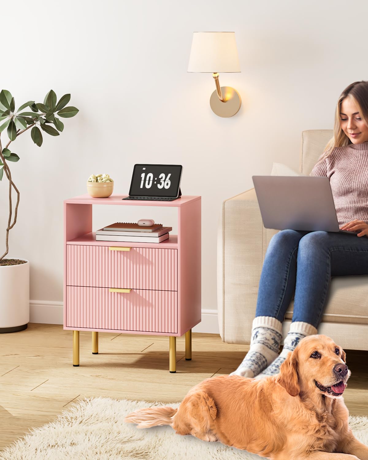 Apetaccat Bedside Table with 2 Drawers, Modern Bedside Cabniet with Metal Legs, Fluted Nightstand, Side Table for Bedroom, Living Room, Office, Pink