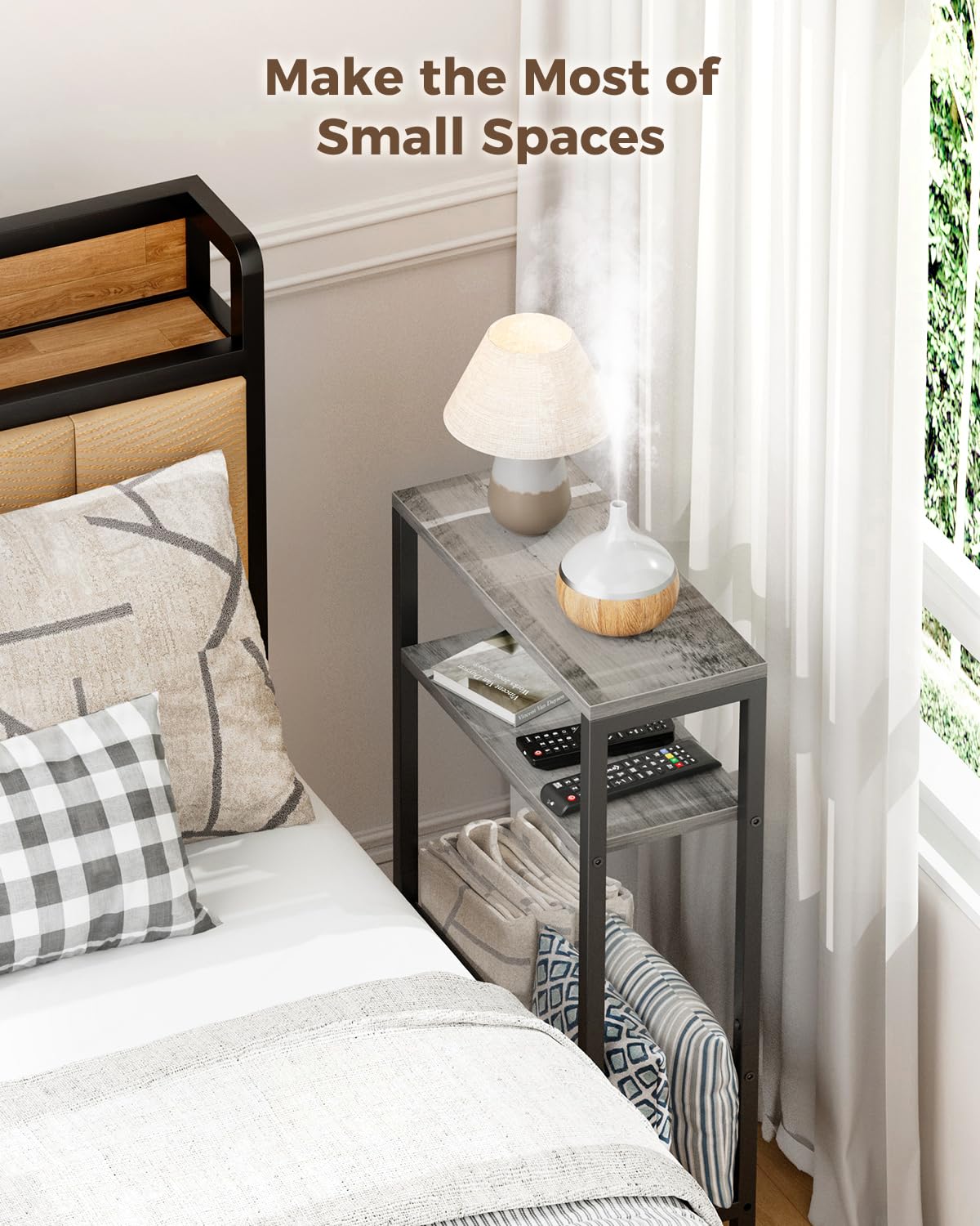 Yuede Narrow Side Table with Magazine Rack, 3-tier Slim Bedside Table, Small End Table for Living Room, Bedroom, MDF & Metal Frame Gray