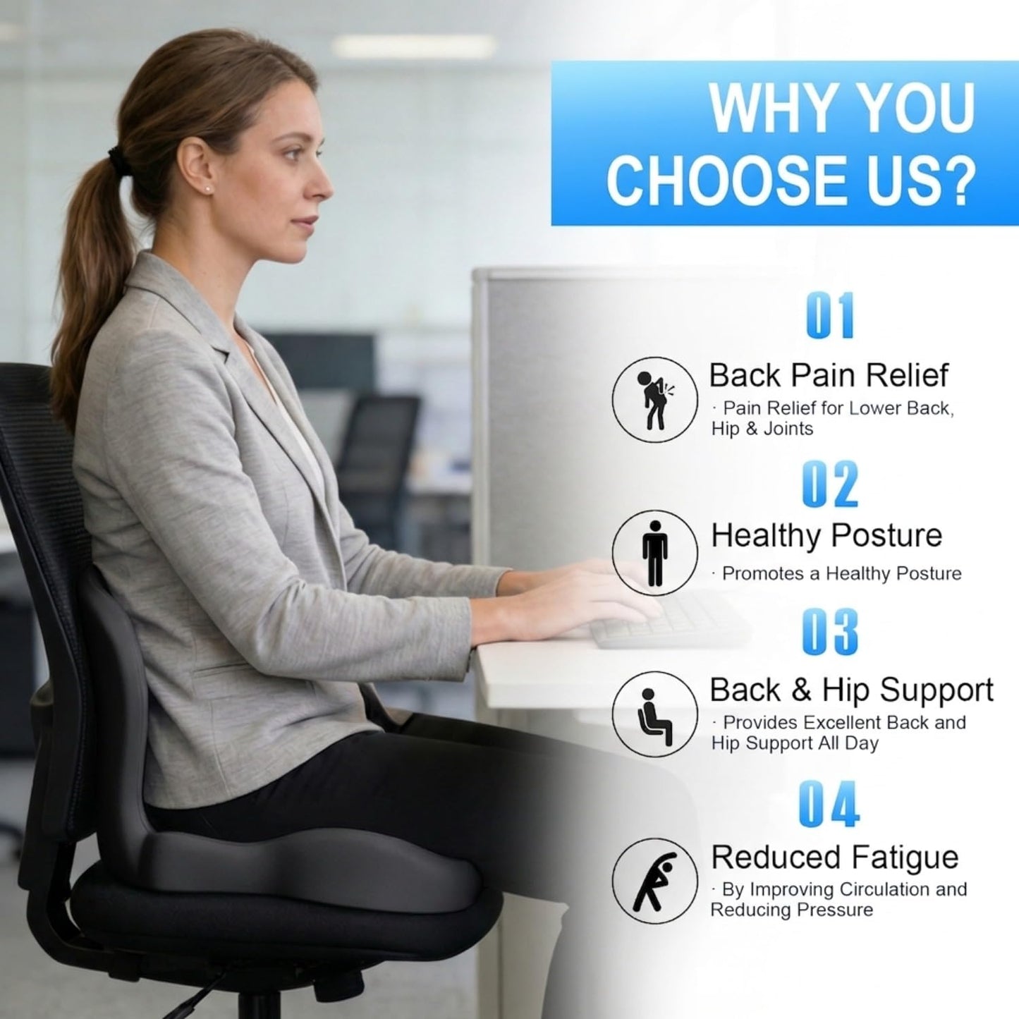 Gresonic Ergonomic Memory Foam Seat Cushion, For Office, Car, Gaming & Dining Chairs, Sciatica, Tailbone & Coccyx Pain Relief