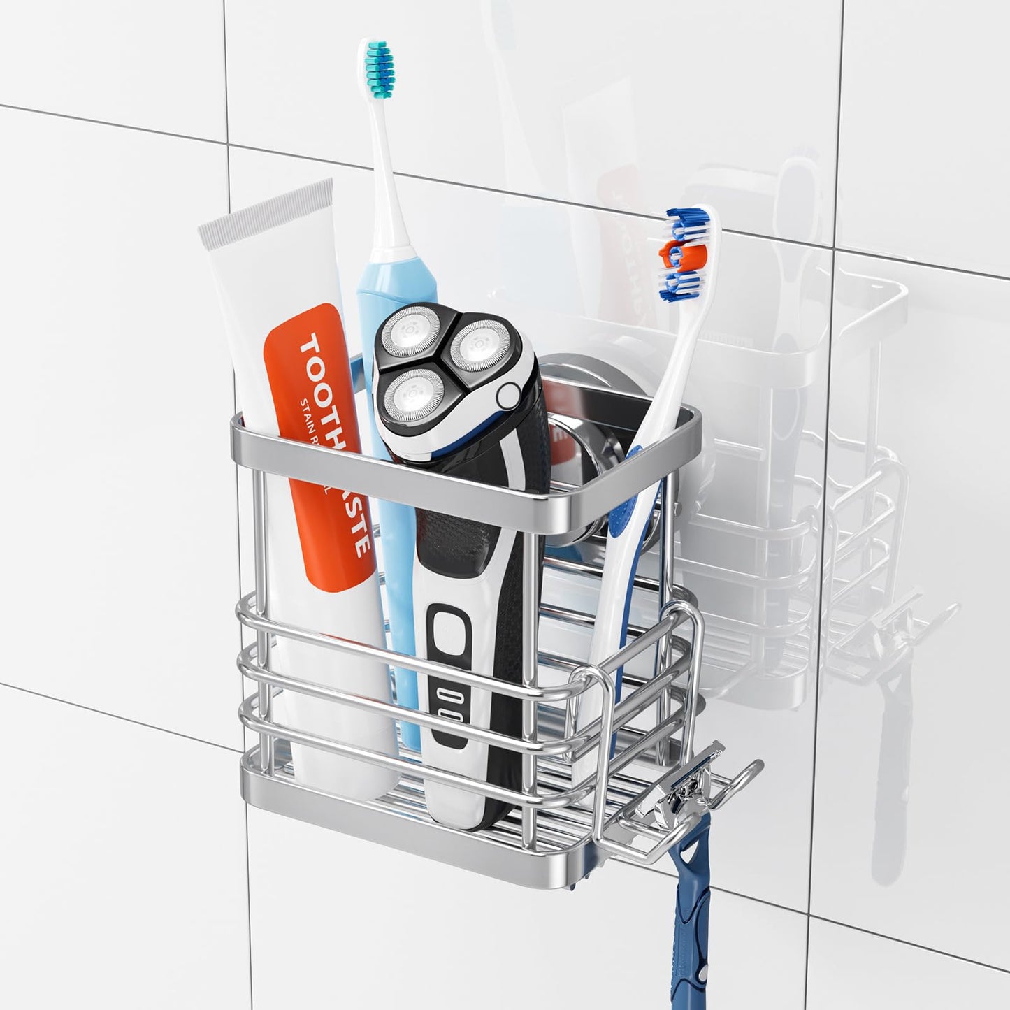 TAILI Suction Toothbrush Holder Wall Mounted, MAX Hold 5 KG, Silver Toothbrush Holder for Bathroom, Shower Razor Organizer With Hooks, No Drilling,
