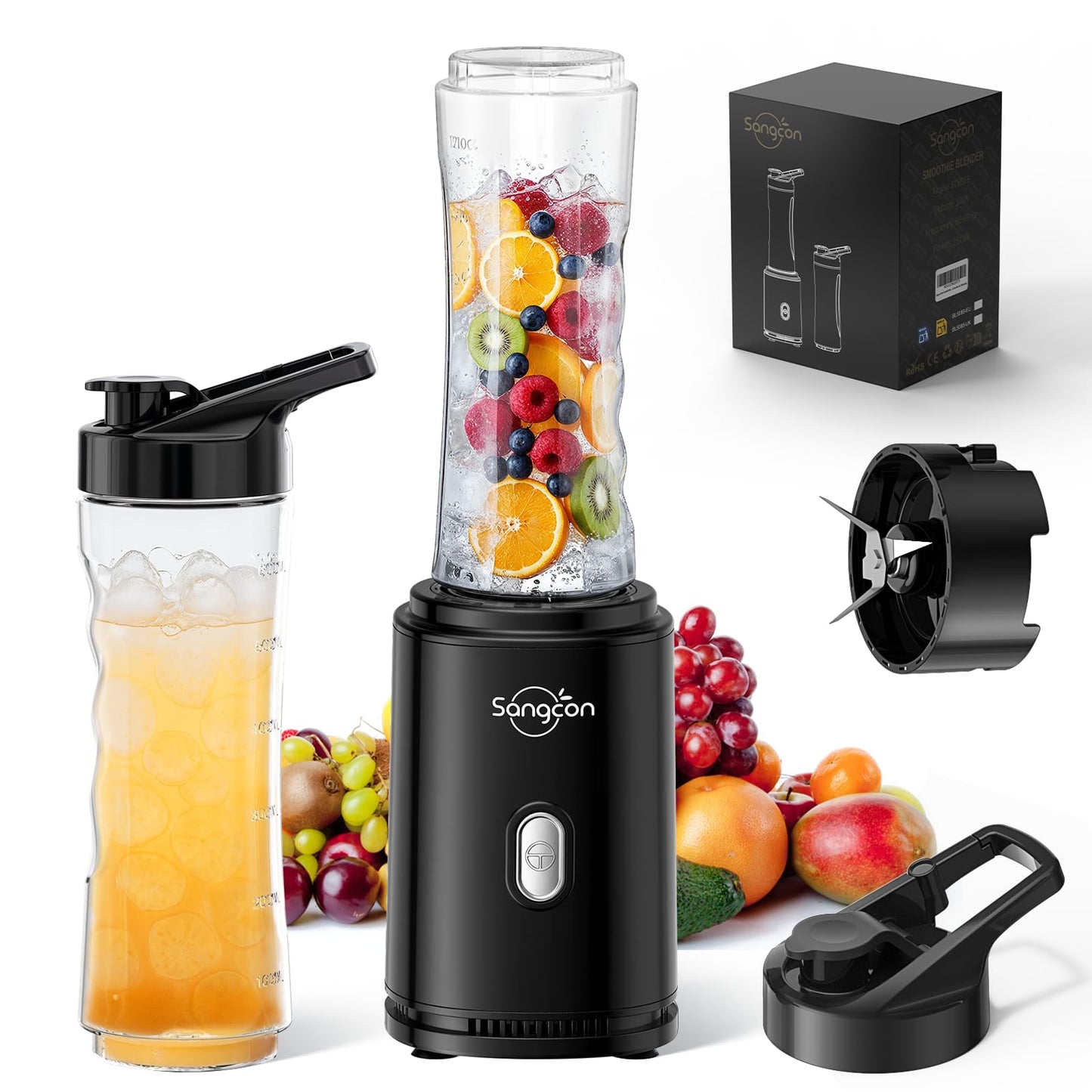 Sangcon Mixer Smoothie Maker,Electric Portable Sports Blender for Shakes and Smoothies, with 2 BPA-Free 600ML Tritan To Go Bottles + 2 Drinking Caps,