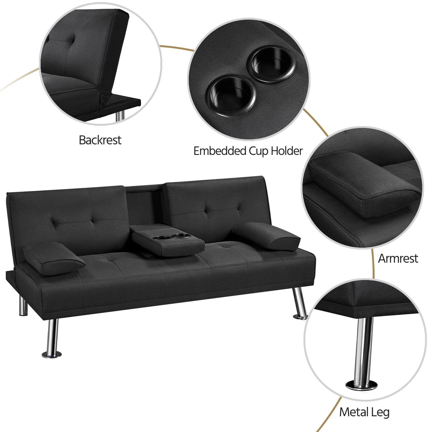 Yaheetech Black 3-in-1 Convertible Sofa Bed with Cup Holder Adjustable Back