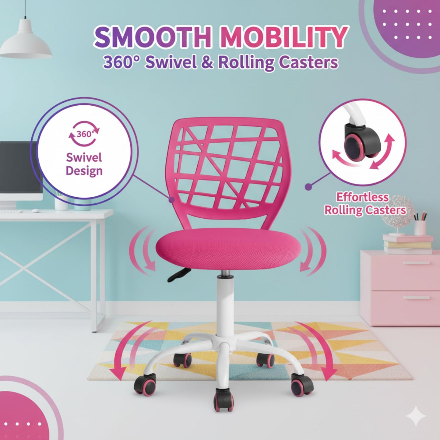 FurnitureR Office Chair Desk Chair Adjustable Height Swivel Fabric Seat Ergonomic Work Chair without Armrest, Pink