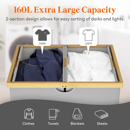 Lifewit 160L Double Laundry Hamper with Lid, Extra Large Bamboo Laundry Basket Dirty Clothes Hamper, 2 Section Laundry Bin Organizer for Laundry Room