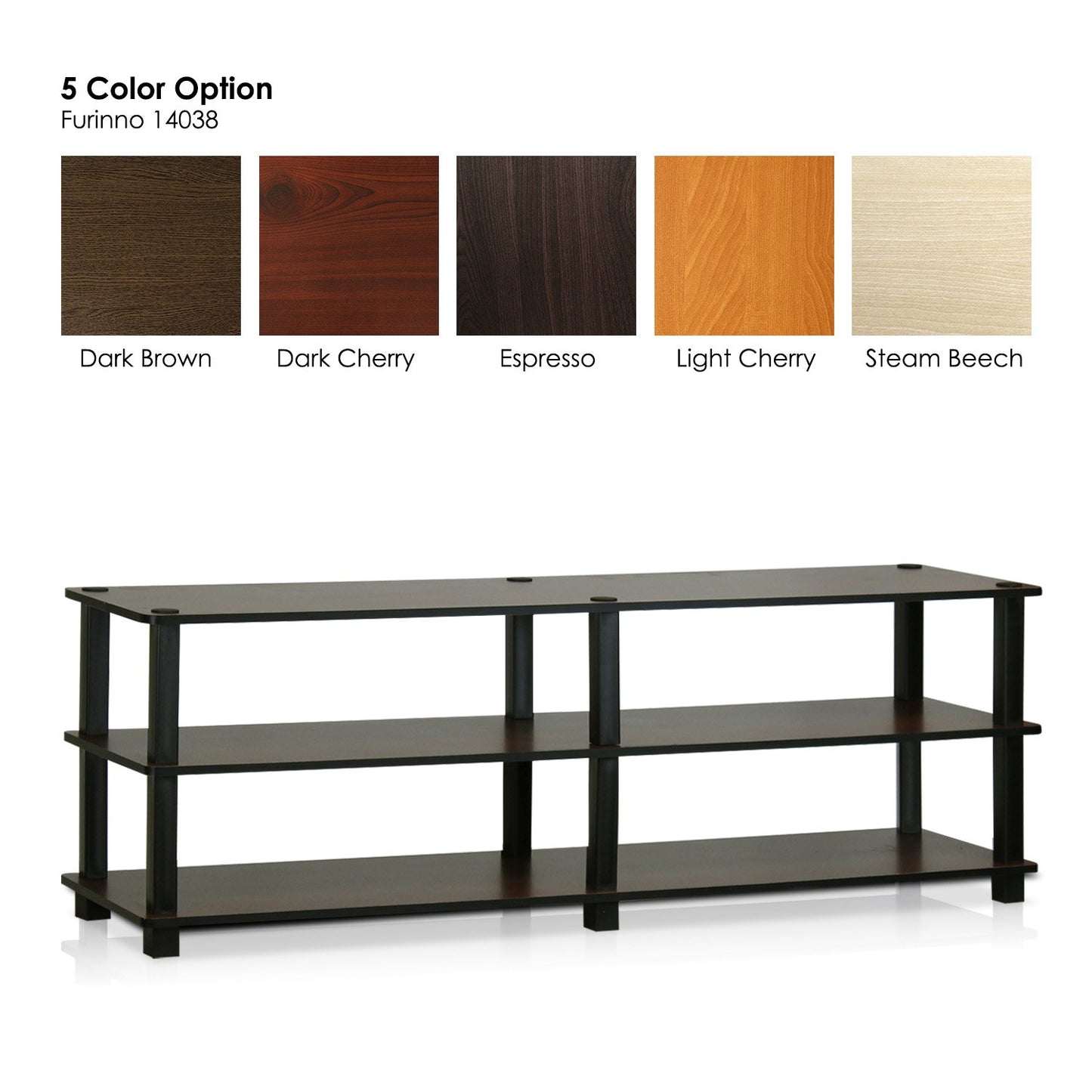 Furinno TURN-S-TUBE TV Stand, 3-Tier No Tools Entertainment Center, TV Console for TV up to 46 Inch, for Living Room, Bedroom, Dark Brown