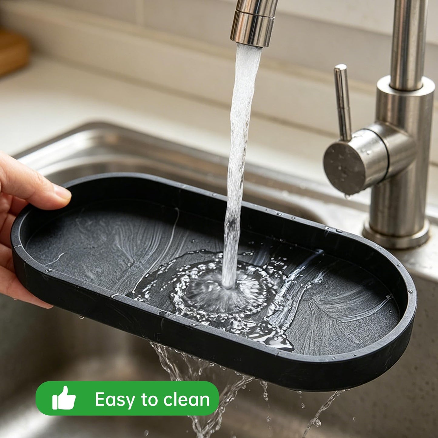 Vanity Tray, Bathroom Tray, Silicone Tray – 2-Piece Oval Marble Storage Tray (25x11x2cm) with Non-Slip Base & Easy-Clean Surface, for Bathroom