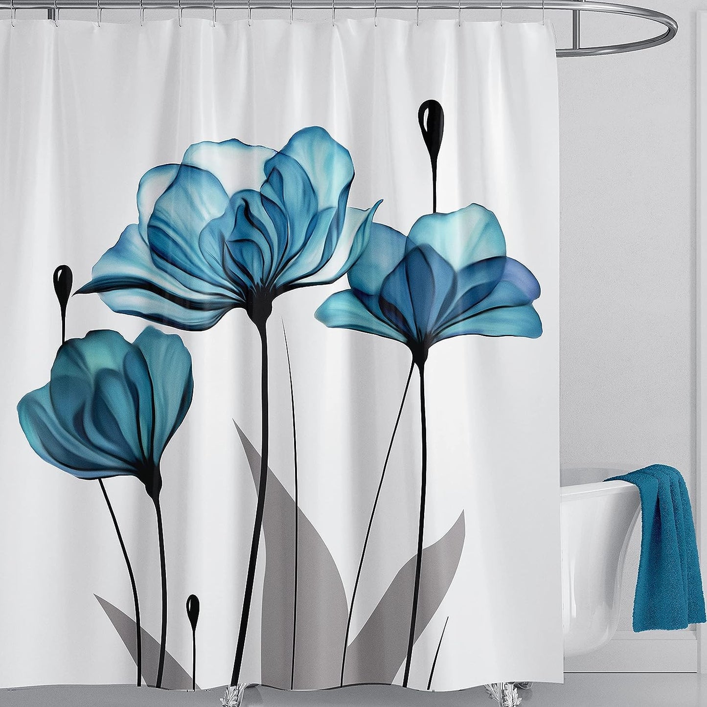LIVETTY Blue Shower Curtain Floral Shower Curtains Water Mould Proof 200 x 200 cm Bathroom Curtains Quick-Drying Kitchen Curtains Machine Washable