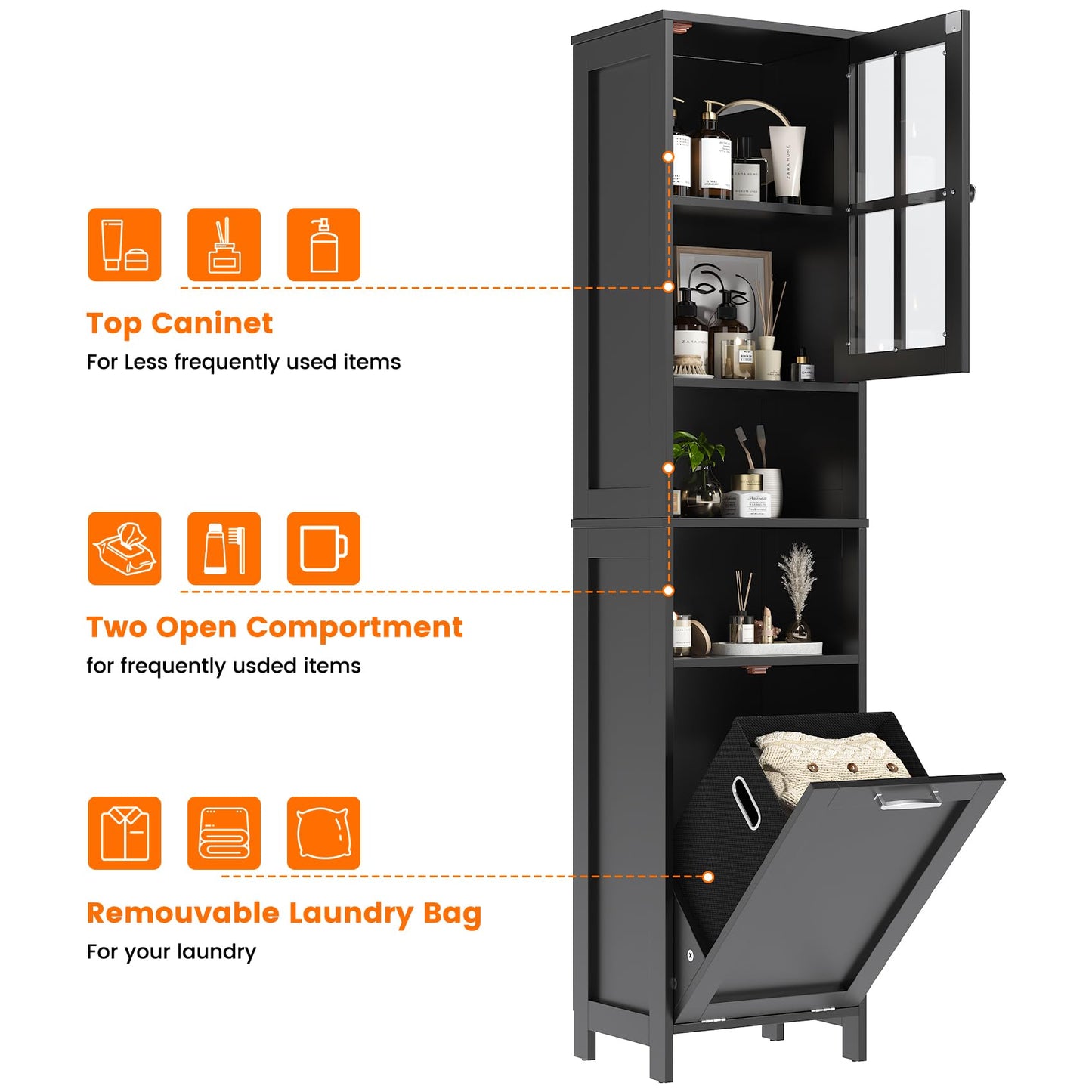 Feonase Tall Bathroom Cabinet with Removable Laundry Basket, Slim Freestanding Storage Organizer with Acrylic Door and 4 Shelves for Bathroom