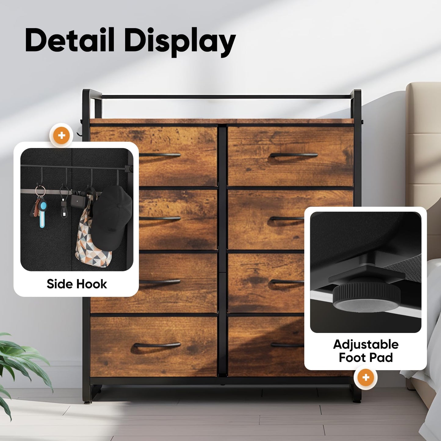 MAXLEAD Chest of Drawer with 8 Drawers, Large Capacity Storage Organiser Unit, Fabric Dresser for Bedroom, Living Room, Hallway - Brown