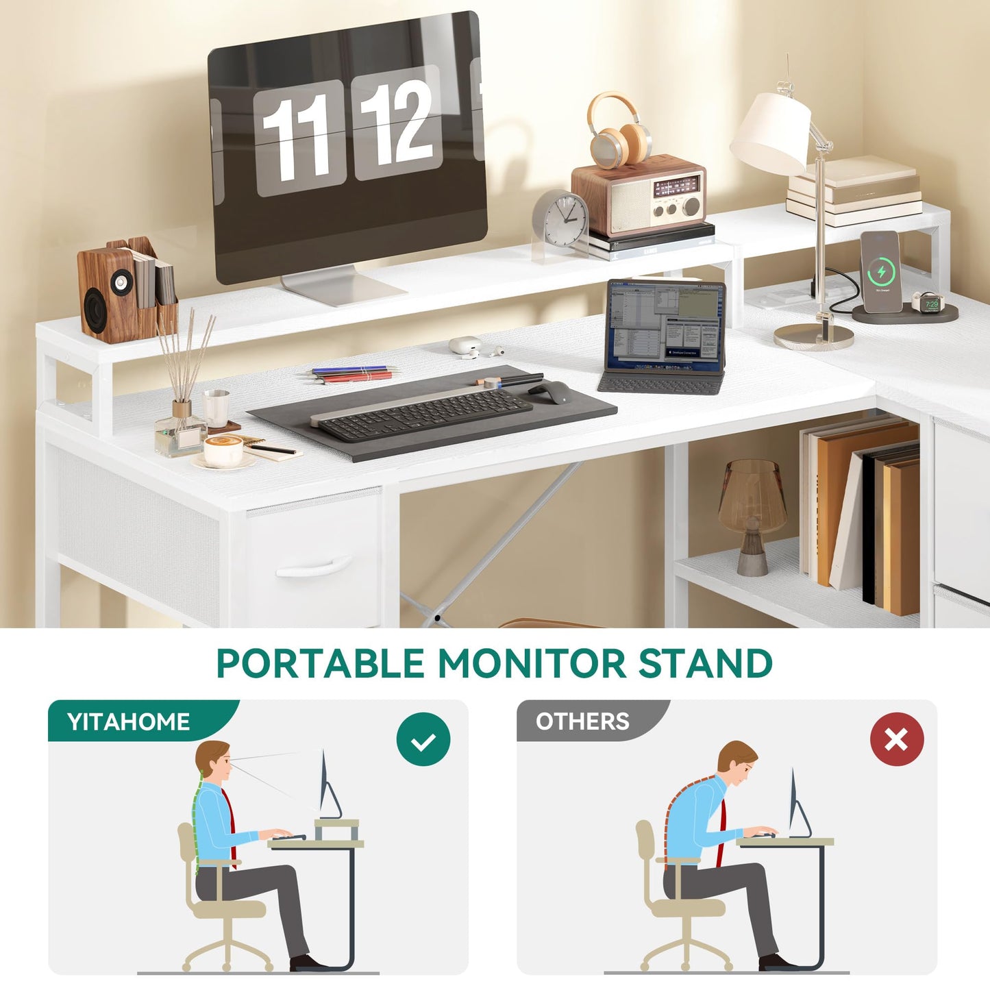 YITAHOME L Shaped Computer Desk with Drawers Power Outlet 140cm White