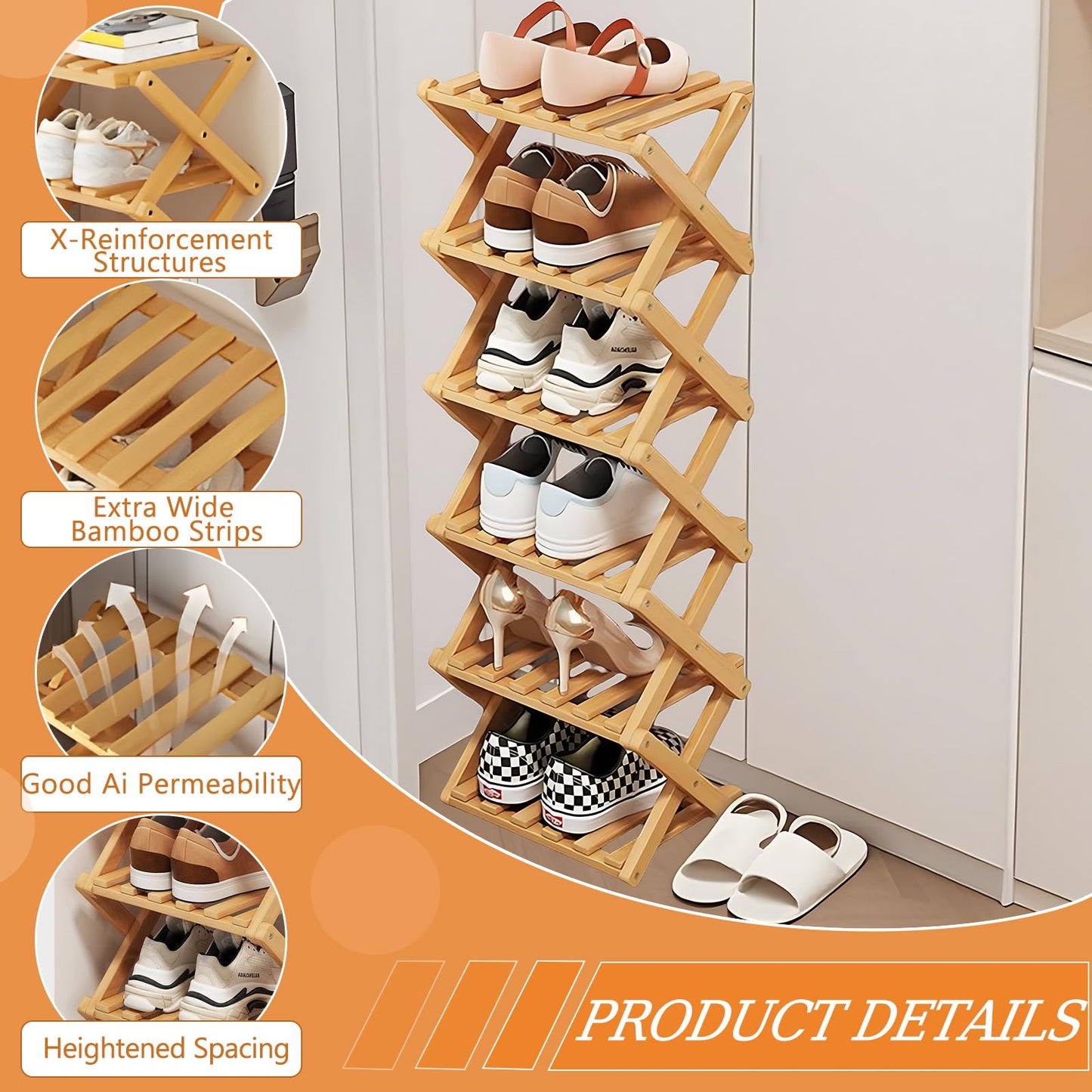 Kiss Me 8-Tier Bamboo Foldable Shoe Rack Vertical Narrow