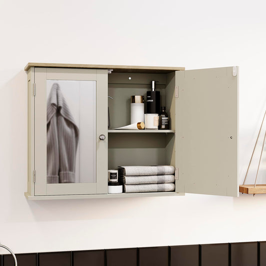 Bath Vida Priano Double Door Mirrored Bathroom Cabinet Storage Cupboard Wall Mounted, Grey & Oak