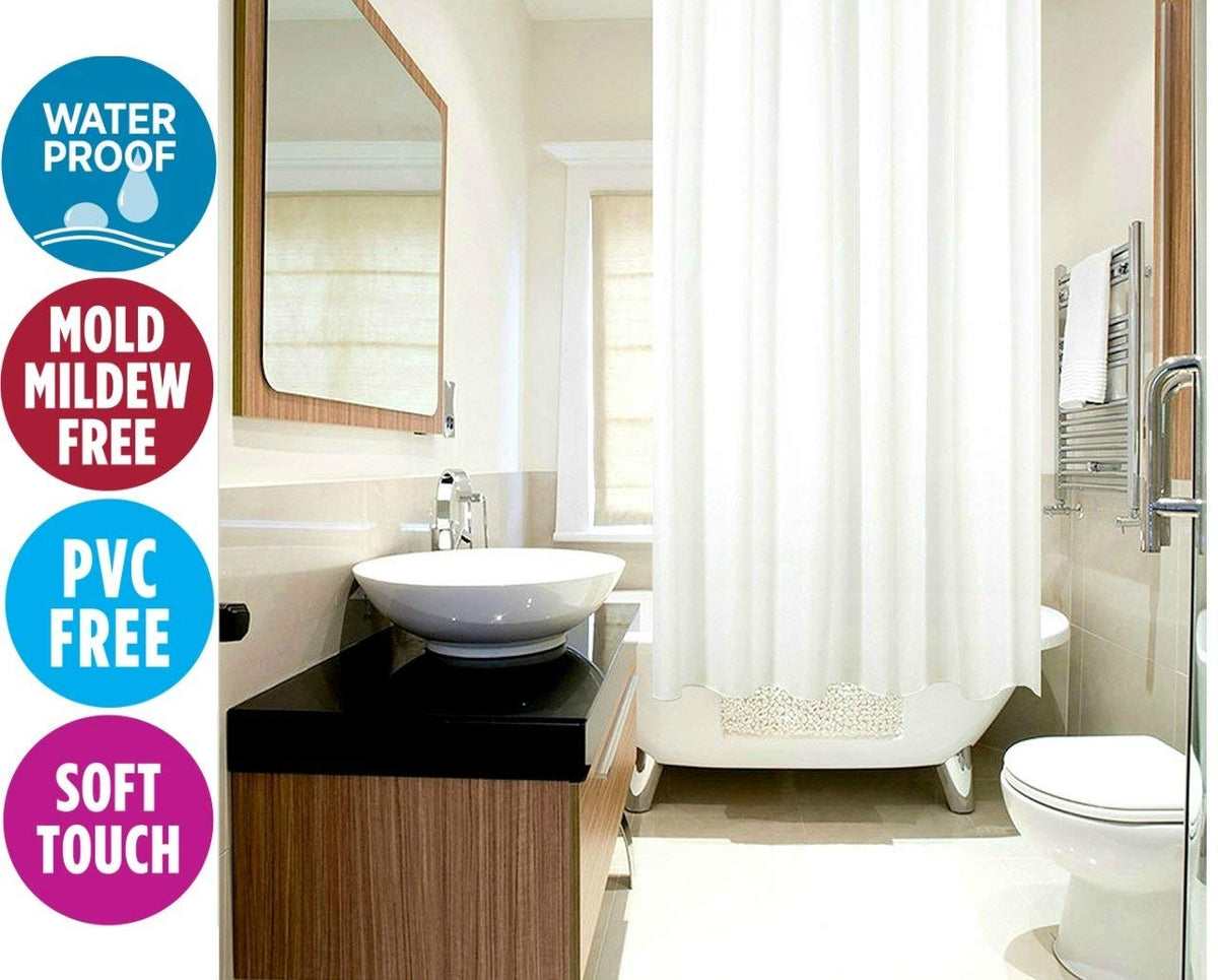KAV Polyester Soft fabric Shower Curtain Mould and Mildew Resistant Solid White and Snow White Matching Hooks - Machine Washable 71x71 Inch