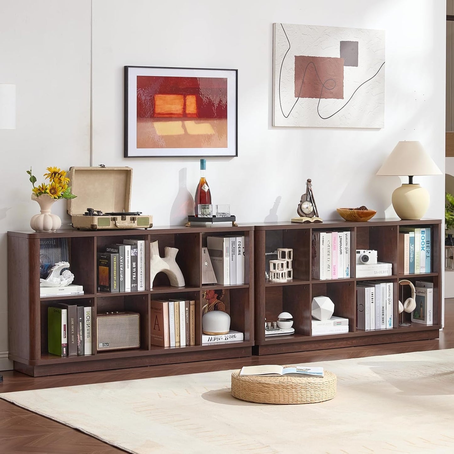 LELELINKY 8 Cube Storage Bookcase, 53" Wide Wooden Book Shelf with Thickened Base, Freestanding 2-Tier Open Book Case Unit with Curved Edge