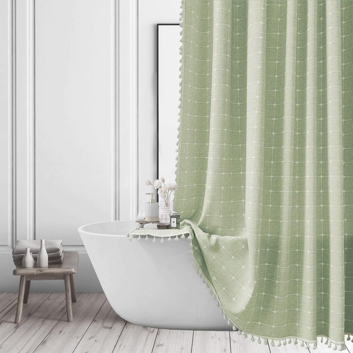ggaimwf Sage Green Stall Shower Curtain Farmhouse Bohemian Modern Fabric Shower Curtains for Bathroom Rv Half Small Size Bathroom Curtain Set with