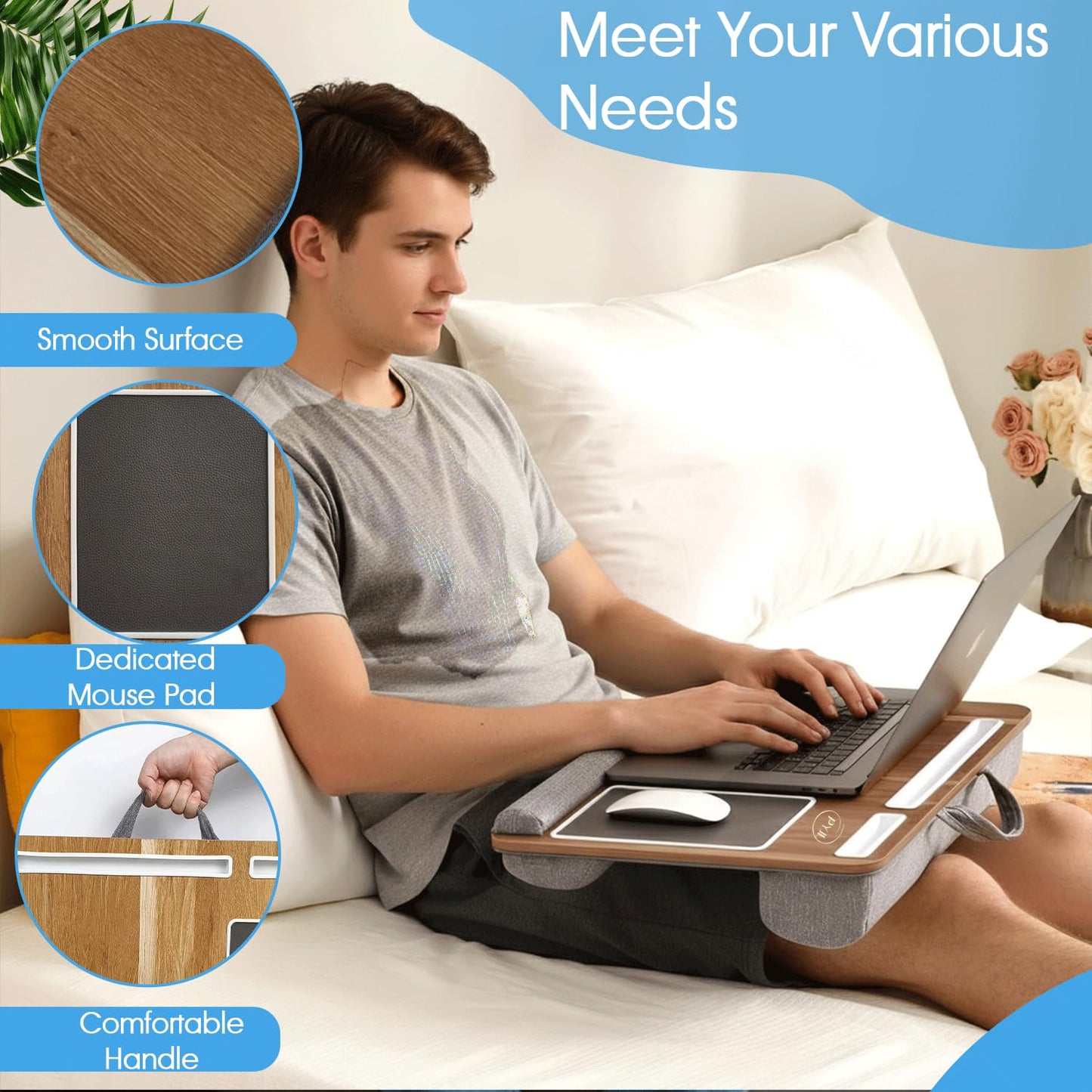 PYJI Lap Desk Wooden Laptop Tray with 5 Cable Holders, Portable Laptop Stand for Bed with Cushion, Lightweight Laptops desk for Sofa & Bed