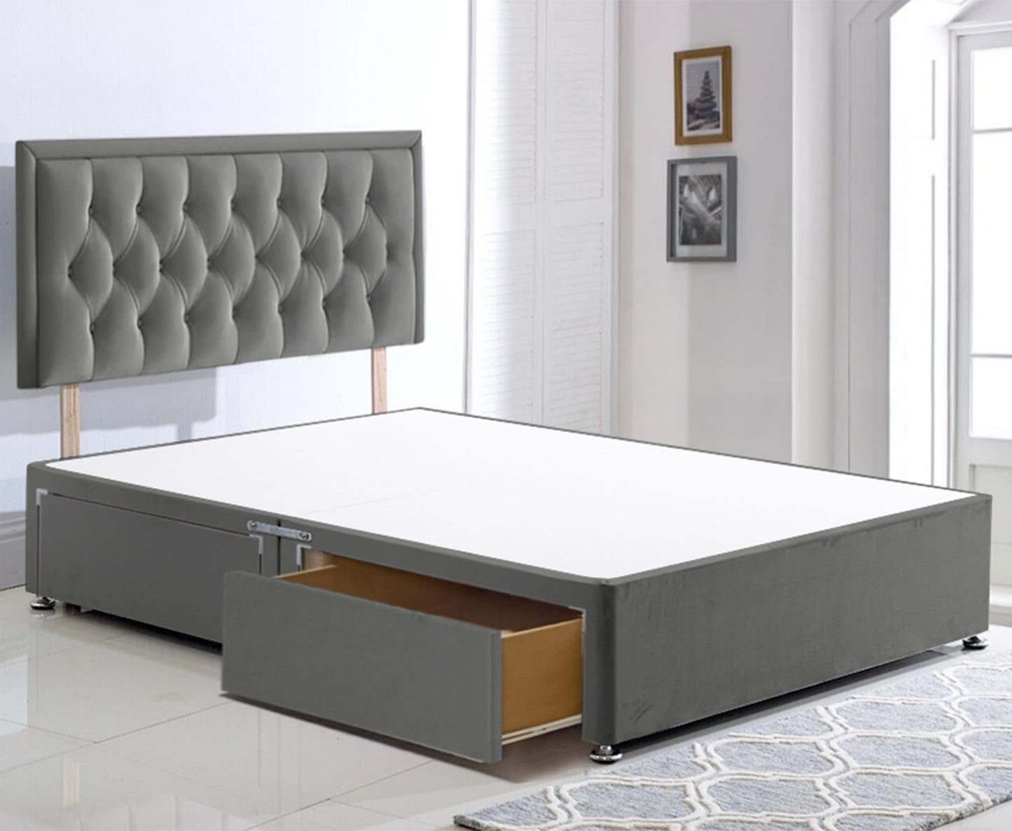 ComfoRest - 4FT Small Double Bed Frame in Grey with 2 Drawers | Compact Divan Base WITHOUT MATTRESS | Includes 24" Headboard | Practical Storage