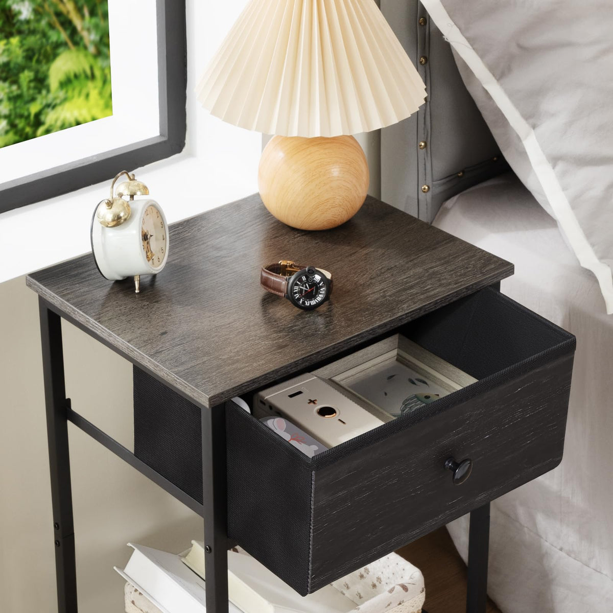 AMHANCIBLE Bedside Tables Set of 2, Side Tables with Fabric Drawers
